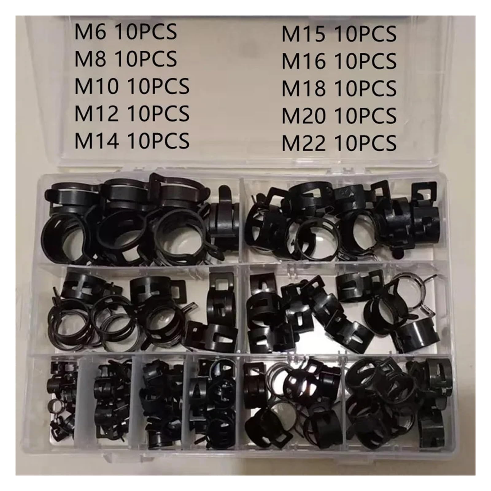 100 szt./zestaw 6-17/6-22 mm czarny Q673B sprężyna podciśnieniowa zacisk węża paliwowego, wodnego, rura do opaski zaciskowej, metalowy zestaw elementów złącznych(100pcs 6-22mm)