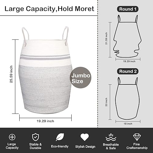 Miniatura 9 de Cesta de lavandería tejida de cuerda grande de 25.6 pulgadas de altura con asas extendidas para almacenamiento de ropa, juguetes en dormitorio,
