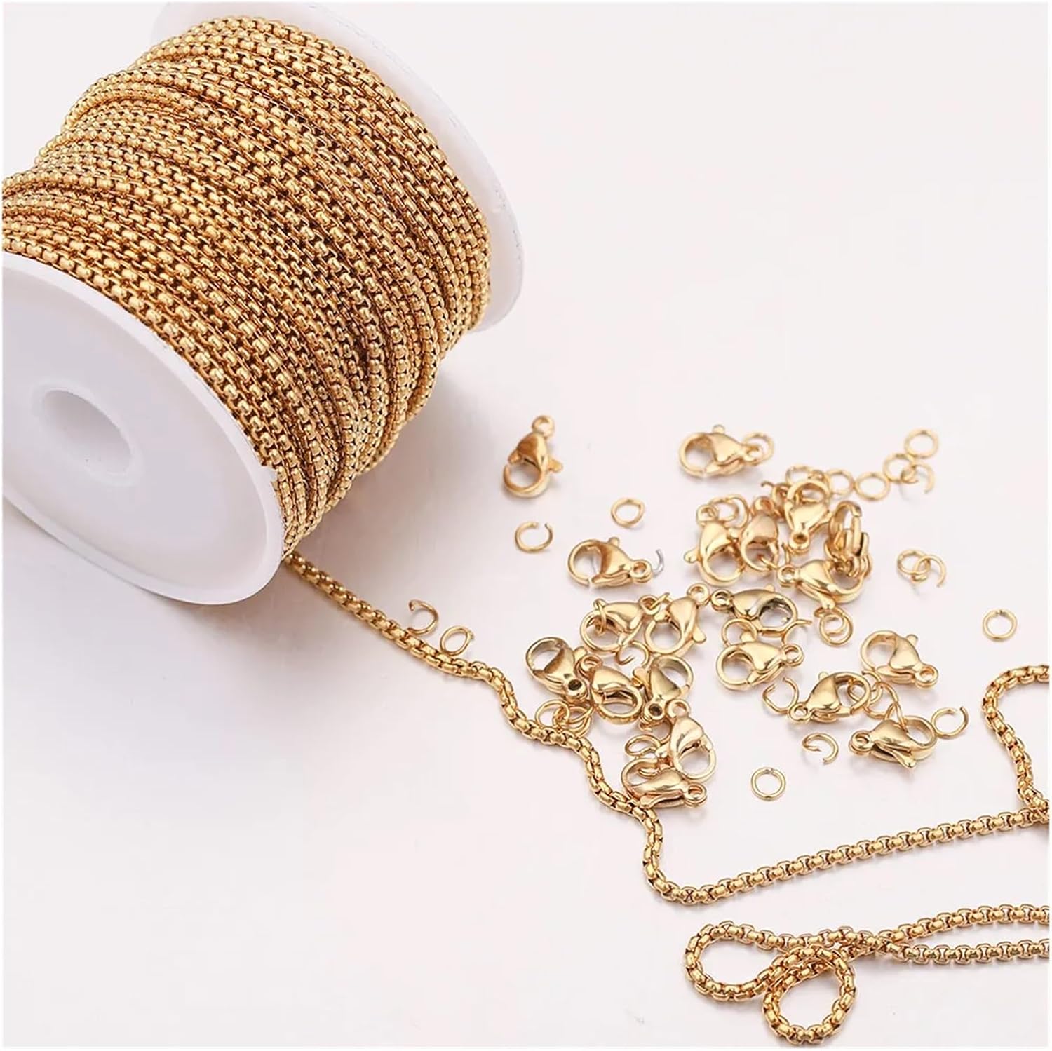 Stainless Steel Chain for Jewelry Making 1 Roll Gold Stainless Steel Jewelry Making Kit 2mm Box Chain Lobster Clasp Ring DIY Handmade Bracelet Necklace Findings Supplies(Gold 2mm)