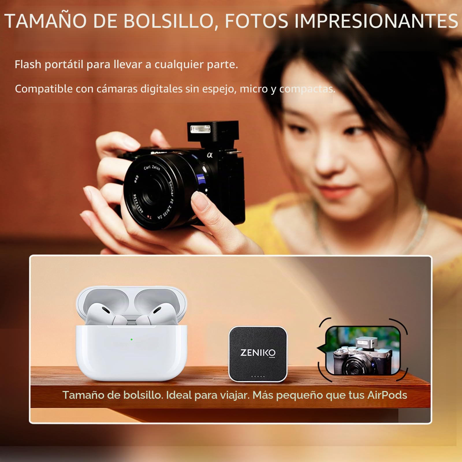 ZΕΝΙΚΟ ZF08 Flash para cámara, Flash fotográfico con Brillo Ajustable (5 Niveles), Carga Tipo C, Zapata Universal, 440 Flashes a máxima Potencia para cámaras
