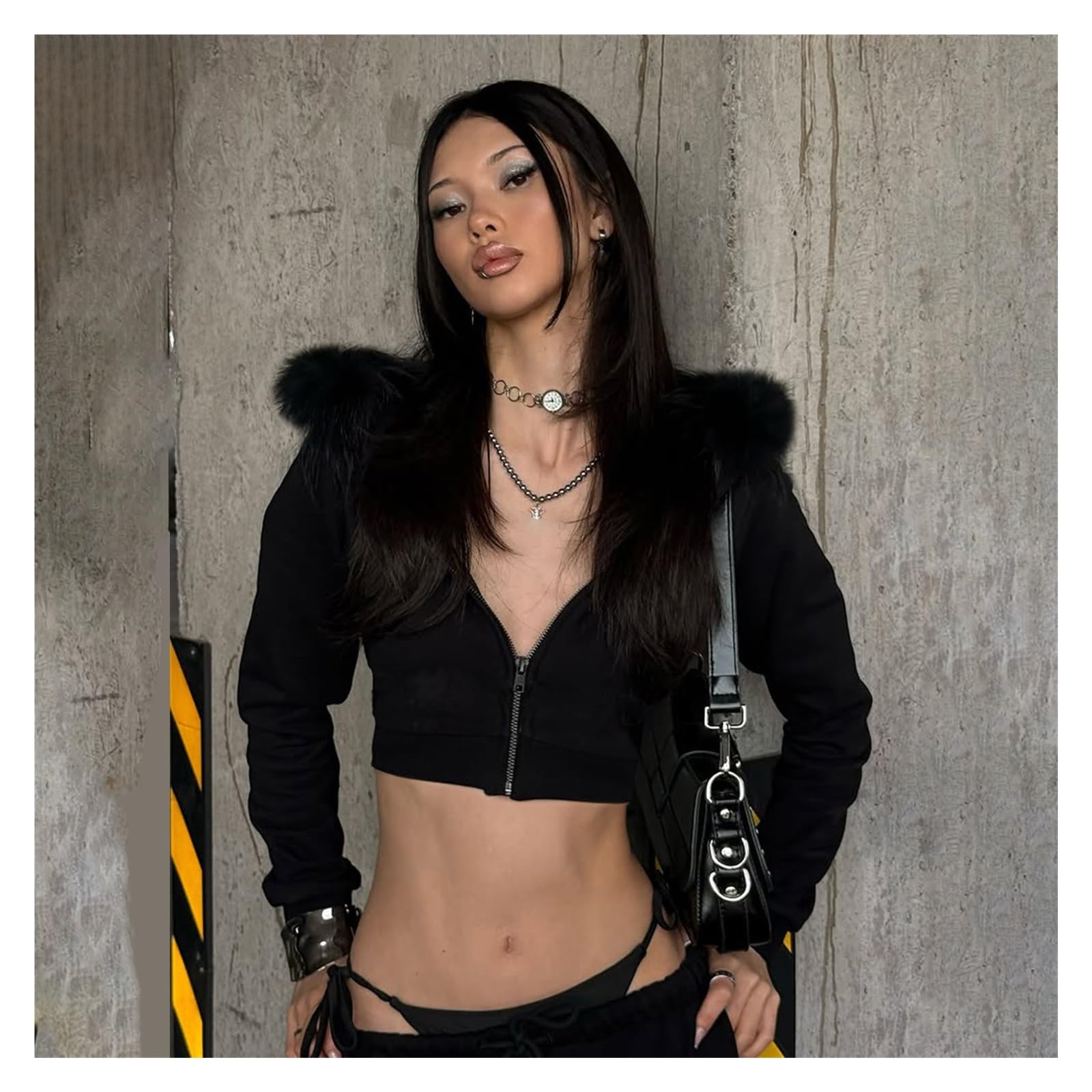 Veste Cardigan À Capuche Courte Taille Haute Y2K