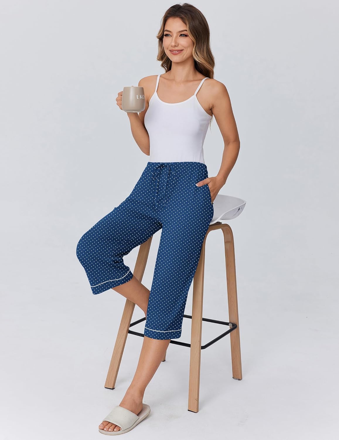 Ekouaer Womens Pajamas Pants Capri Pj Bottoms with Pockets Comfy Drawstring Printed Lounge Soft Sleep Pants - Image 2