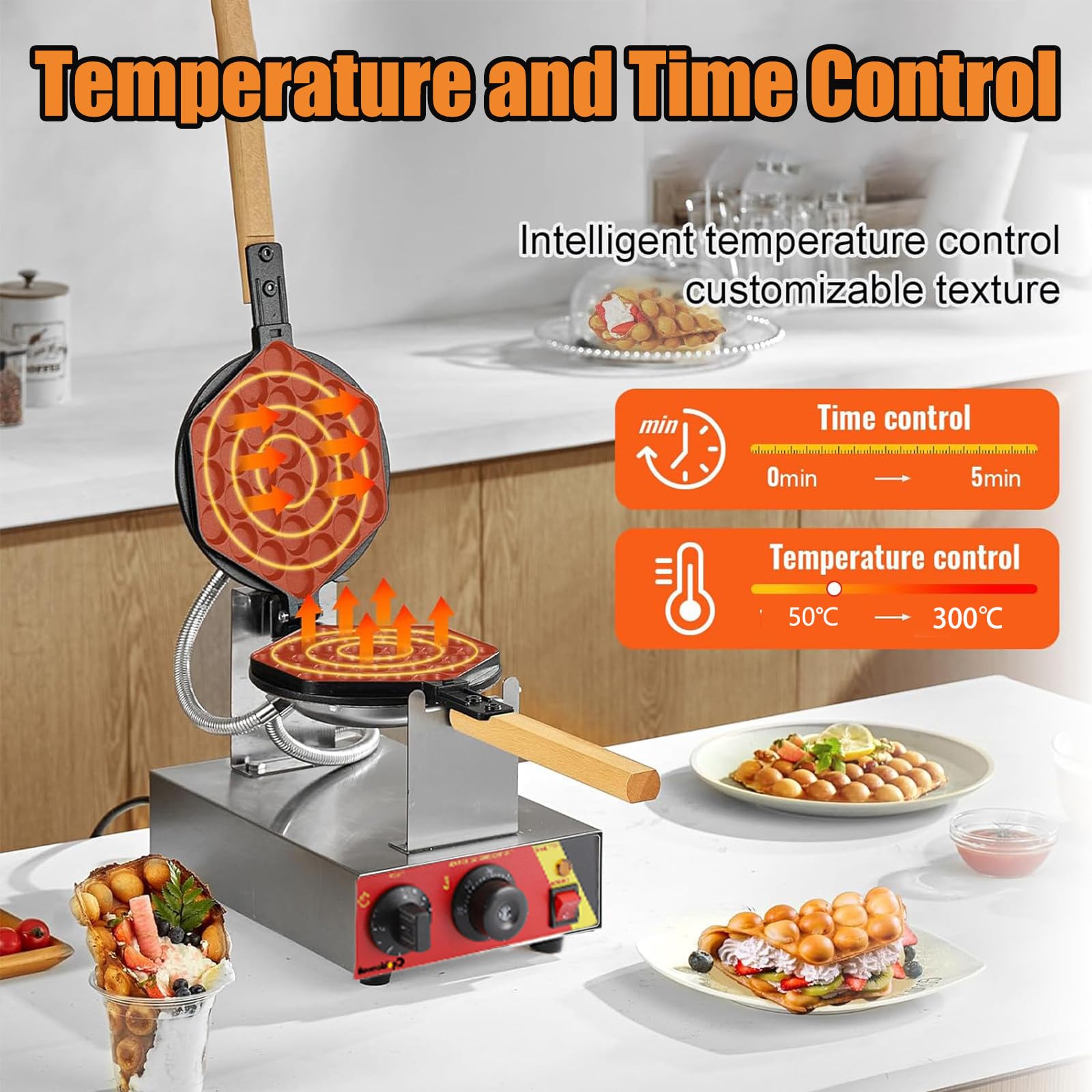 Máquina de Gofre, Gofrera Máquina Burbujas de Acero Inoxidable, Sarten Gofres Girario 180 Grado Máquina de Gofres de Forma Huevo con Mango de para Hacer Bubble Waffles