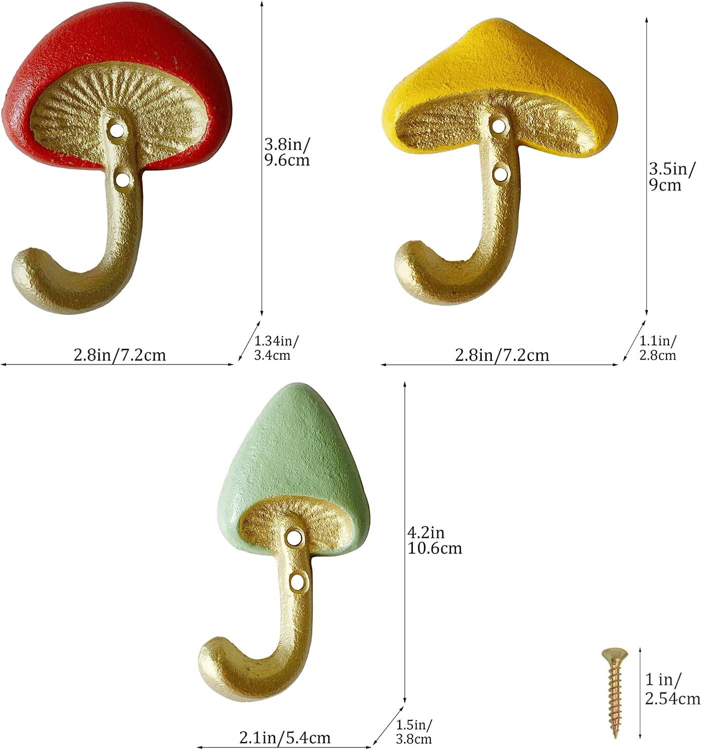 Rustic Mushroom-Shaped Decorative Wall Hook Rack Hangers for Hanging Clothes, Coats, Towels, Keys, and Hats, Set of 3 Antique Cast Iron Mounted Wall Hooks