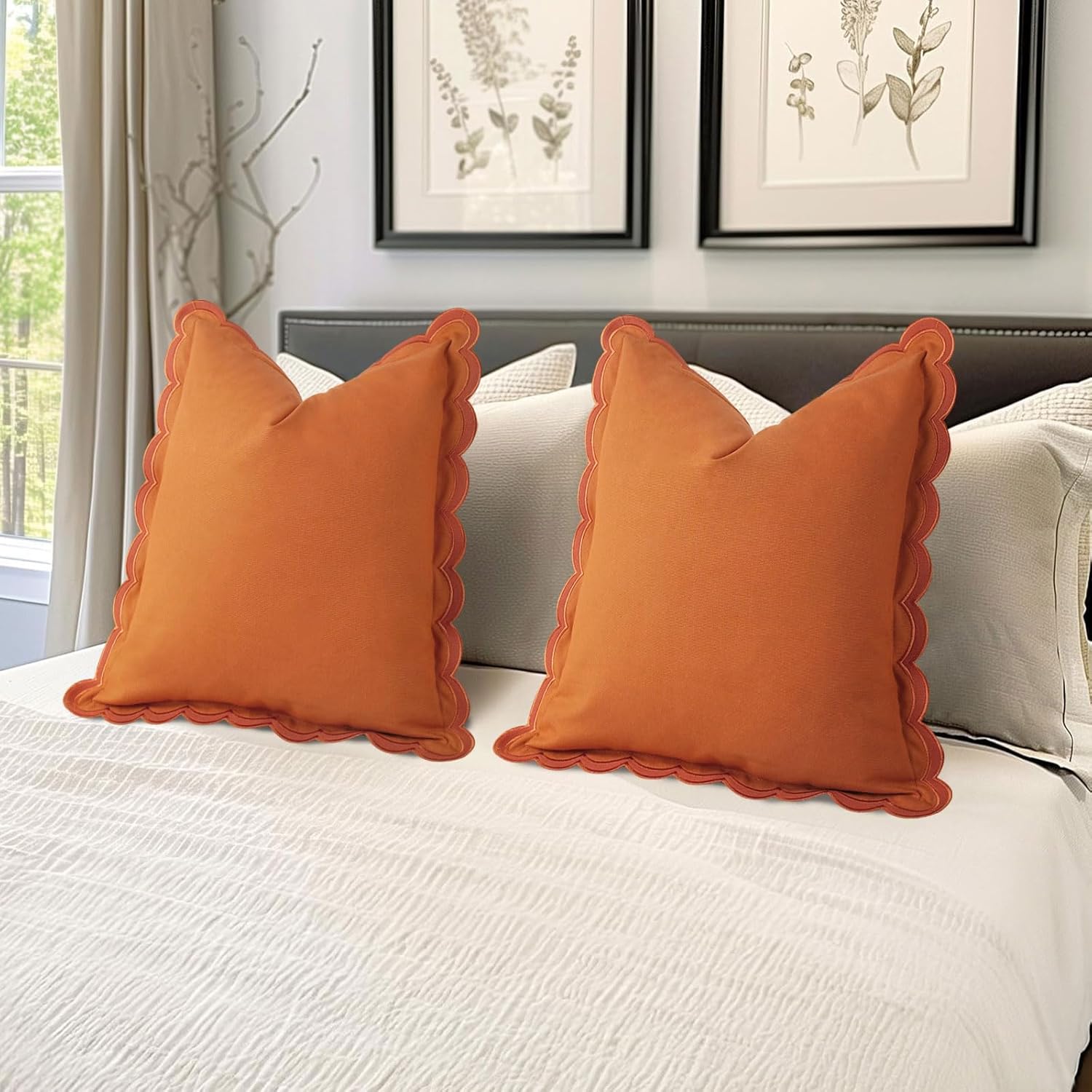 Scalloped Throw Pillow Covers Set of 2, 18x18 Inch Double Stitch Decorative Cotton Pillow Covers for Couch, Sofa & Living Room, Soft and Stylish Home Decor (Orange)