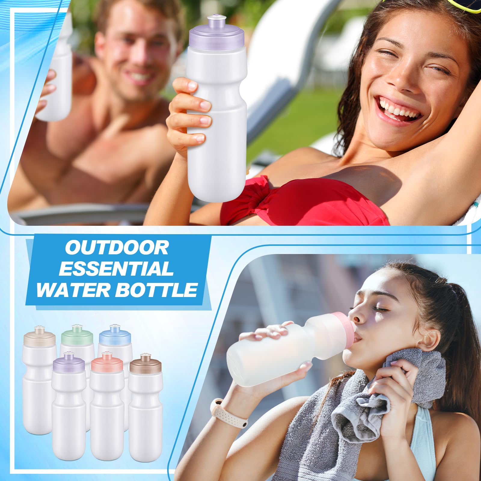 Nitial 24 Stück Sport-Wasserflaschen, Großpackung, 625 ml, wiederverwendbare Sport-Wasserflaschen, blanko, Kunststoff-Wasserflaschen mit Zugverschluss, für Erwachsene, Sport, Fitness, Fahrrad