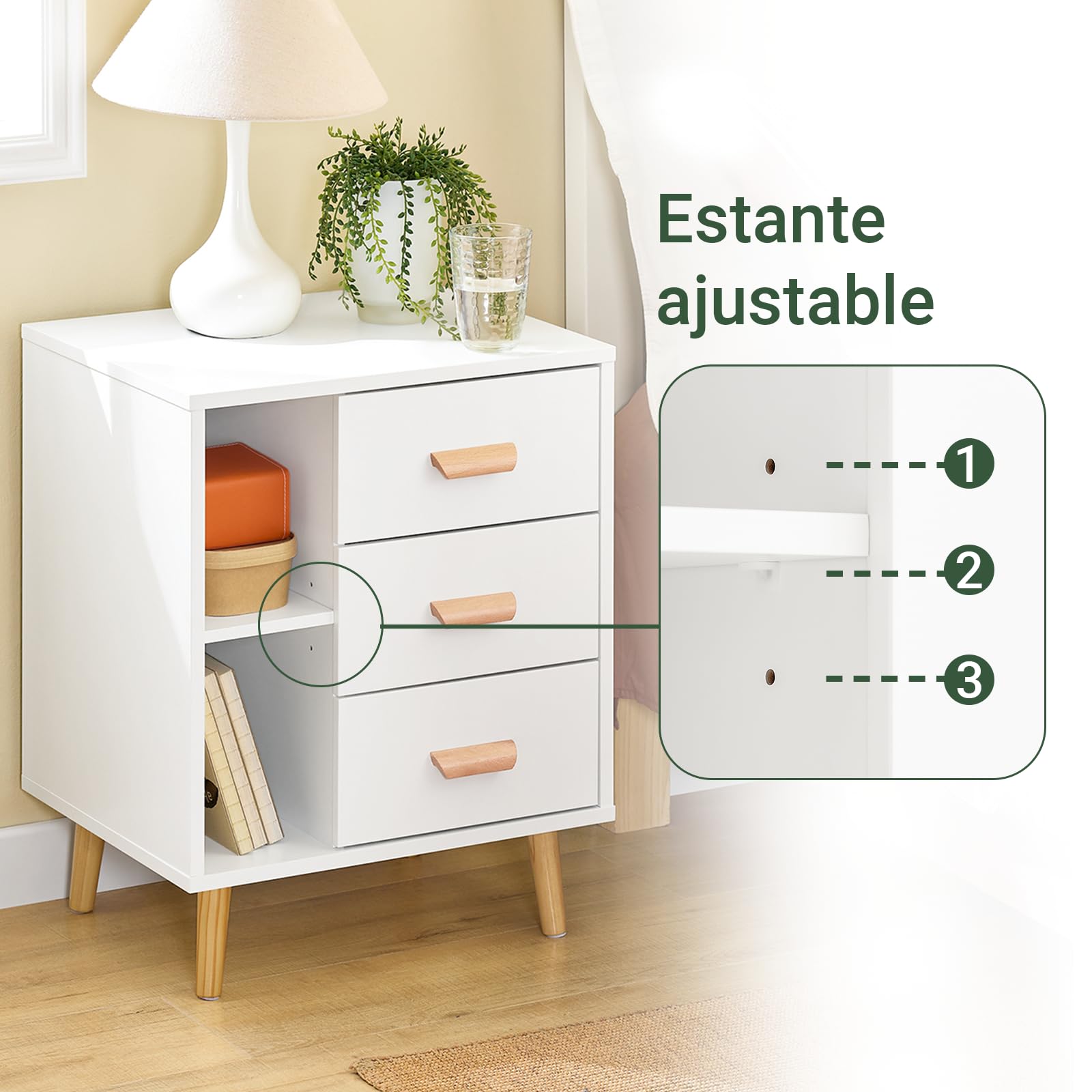 SoBuy Mesita de Noche con 3 Cajones y 2 Estantes 48x40x60cm | Mesa auxiliar moderna con almacenamiento para dormitorio, blanco FBT95-W