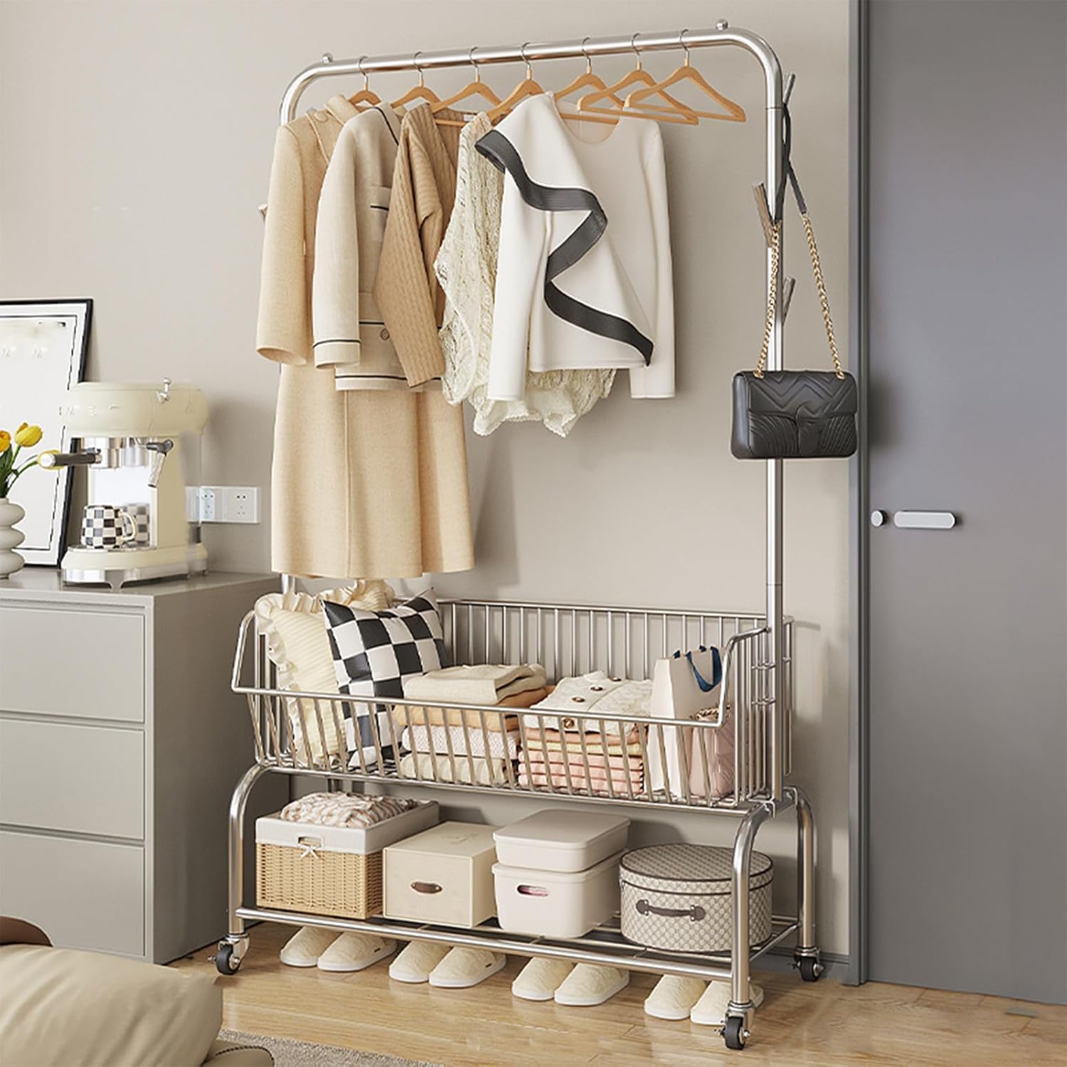 YNBSHGAA Metal Clothing Rack with Shelves Heavy Duty Garment Rack for Hanging Clothes,Silver-60cm