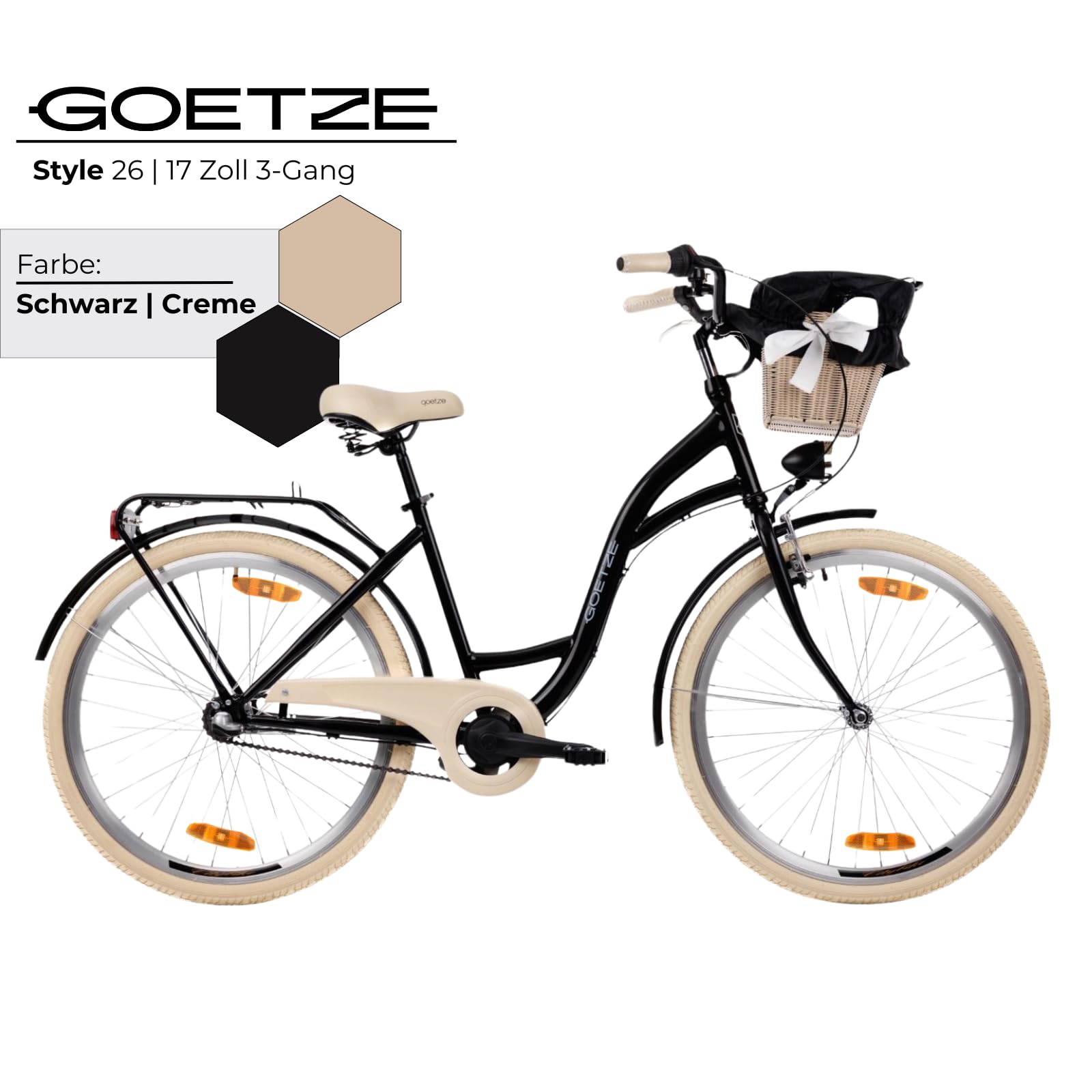 Goetze Style 26 Zoll Citybike, 17 Zoll Tiefeinsteiger Rahmen, 3-Gang Nabenschaltung, Rücktrittbremse, V-Bremse vorne, LED-Beleuchtung, Rattankorb, Komfortsattel, mit Seitenständer & Klingel