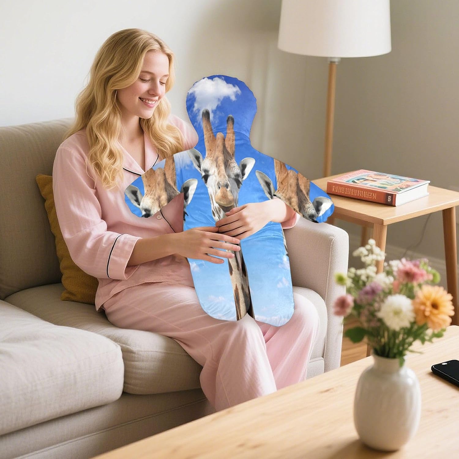 Cute Giraffes Human-Shaped Pillow Soft Body Pillows Washable Velvet Pillows for Anxiety Relief Sleeping Cuddling & Support