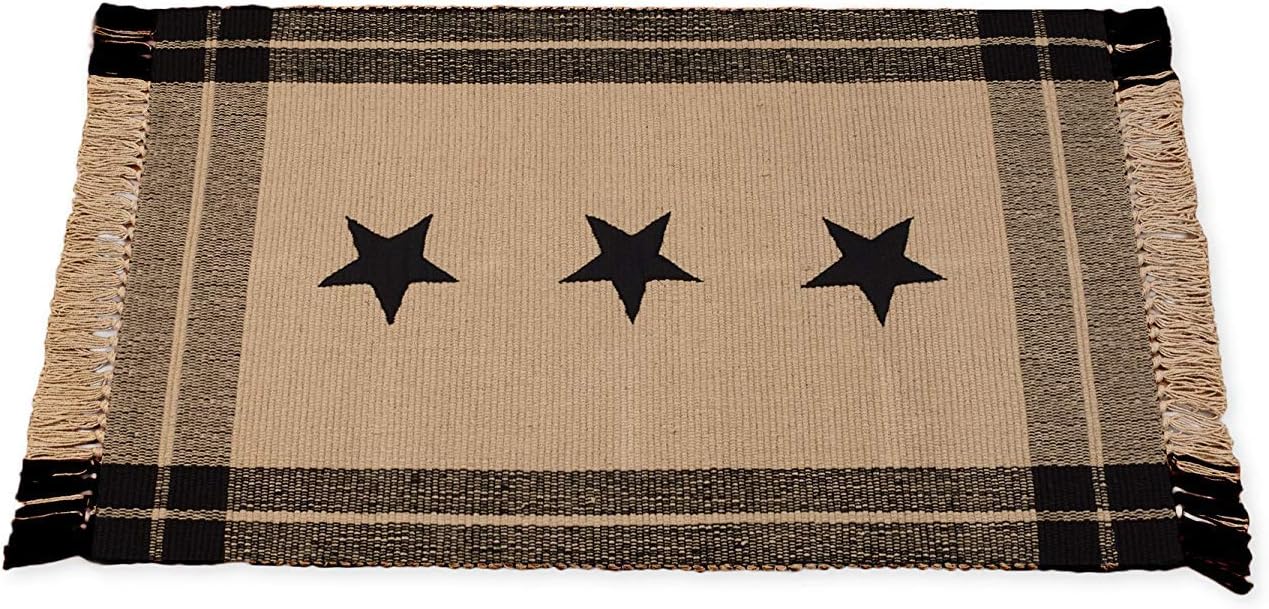 Black Simply Stars Plaid Border 24 x 42 Inch Heavy Woven Cotton Floor Mat Rug