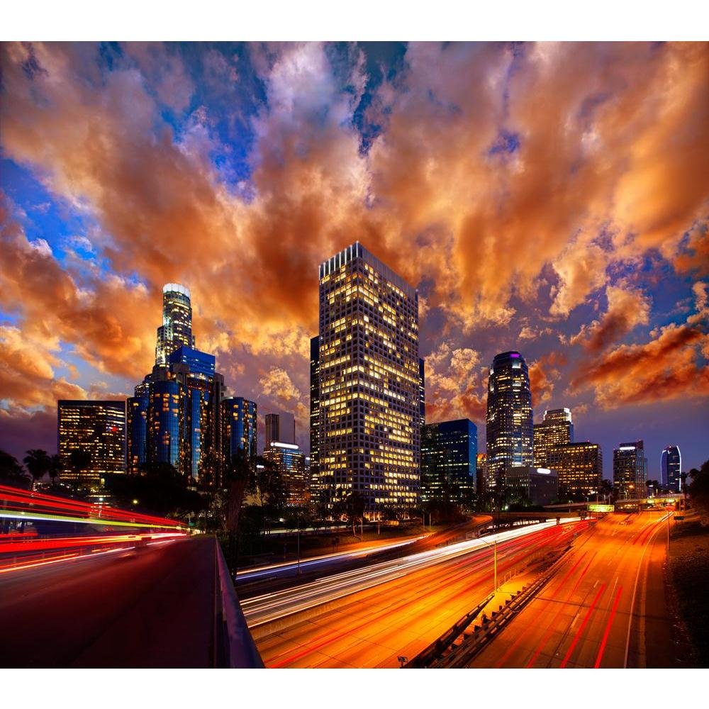 Pitaara Box Downtown Los Angeles Sunset Skyline California | Unframed Canvas Painting for Bedroom & Living Room | 18.1 x 16 inch (46 x 41 cms)