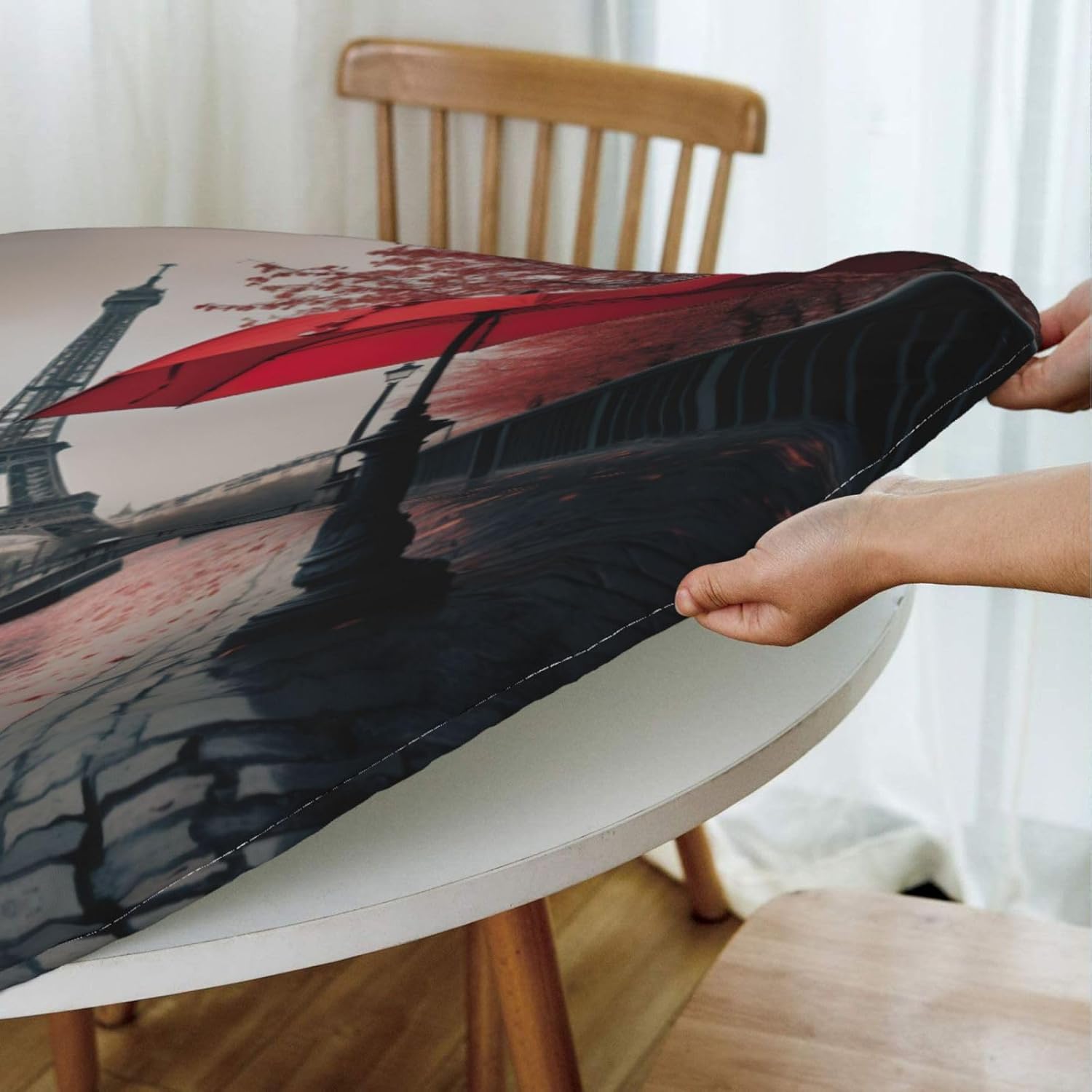 Eiffel Tower with Red Umbrella Print Outdoor Patio Kitchen Decor Supplies Wipeable Round Table Cloth for Indoor Outdoor