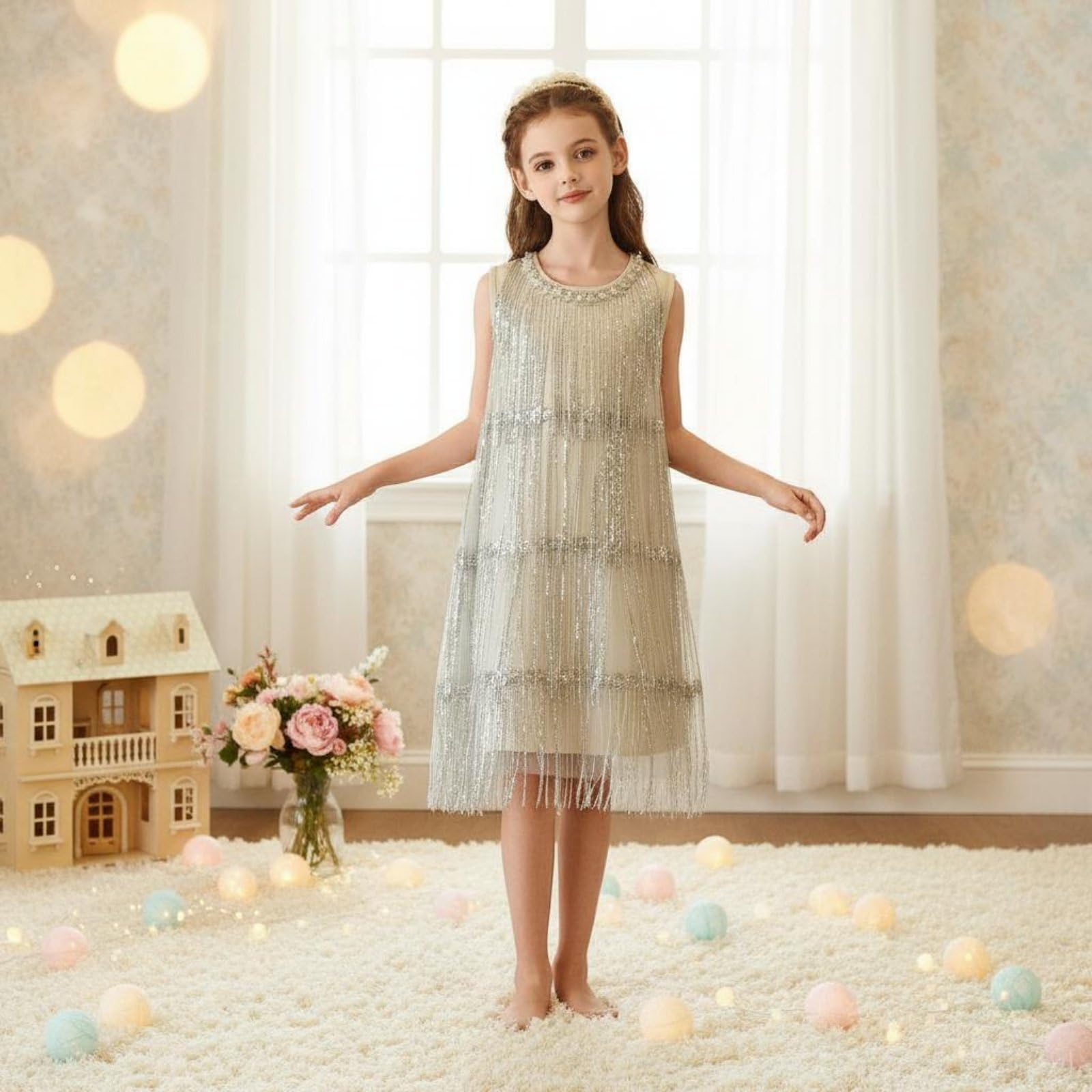 predolo Vestido Brillante con Flecos sin Mangas Vestido de Lentejuelas Ropa Infantil para Fiesta
