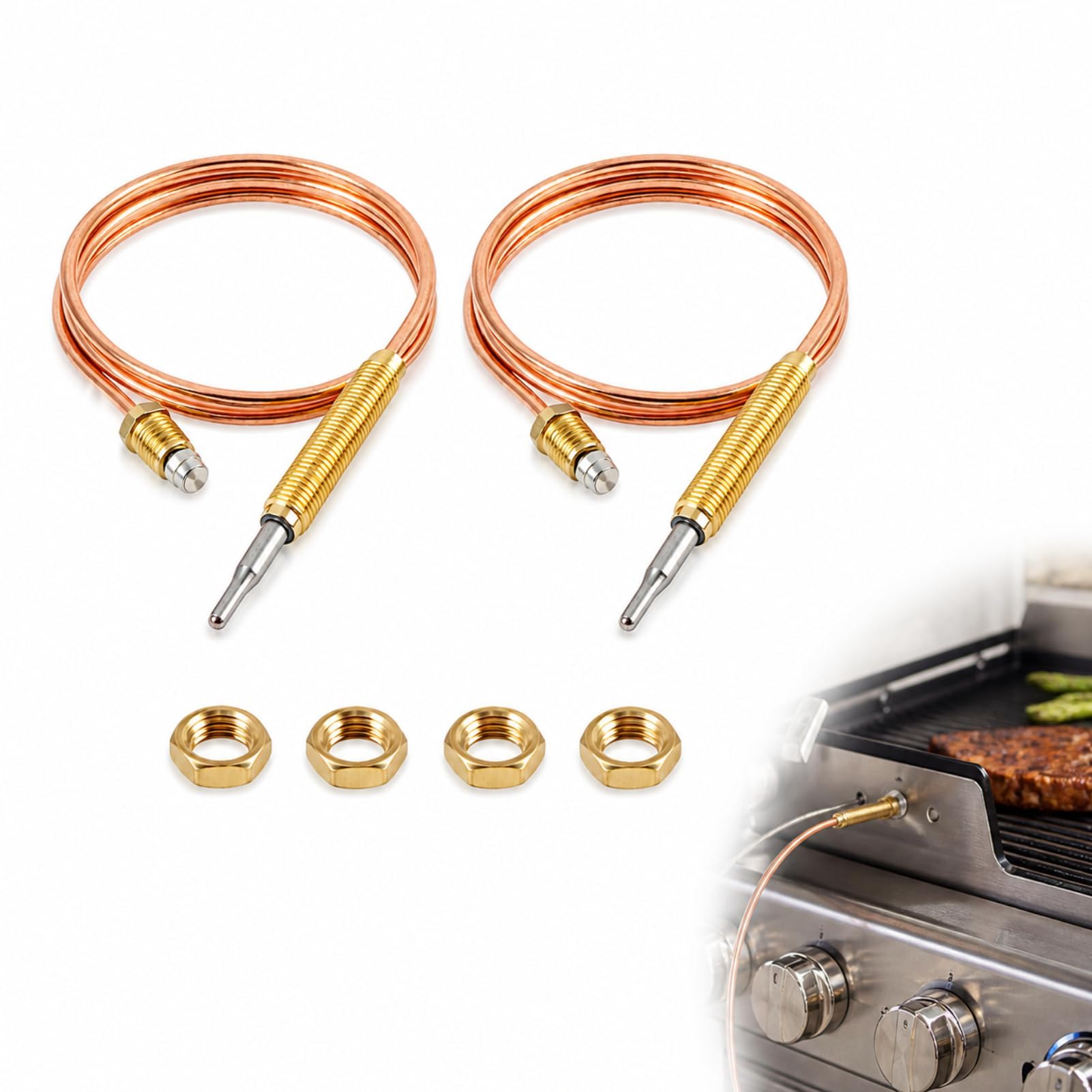 Thermocouple à Gaz Universel M8, Sonde de Chauffage pour Brûleur à Gaz, 600mm, Pièces de Rechange pour Chauffage Extérieur, Écrous de Connexion, Accessoires pour Cheminée et Barbecue (2 pièces)
