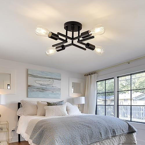 Miniatura 5 de Lámpara industrial de techo semiempotrada de 4 luces, moderna lámpara Sputnik de metal negro con base de bombilla E26 cerca de la luz de techo para