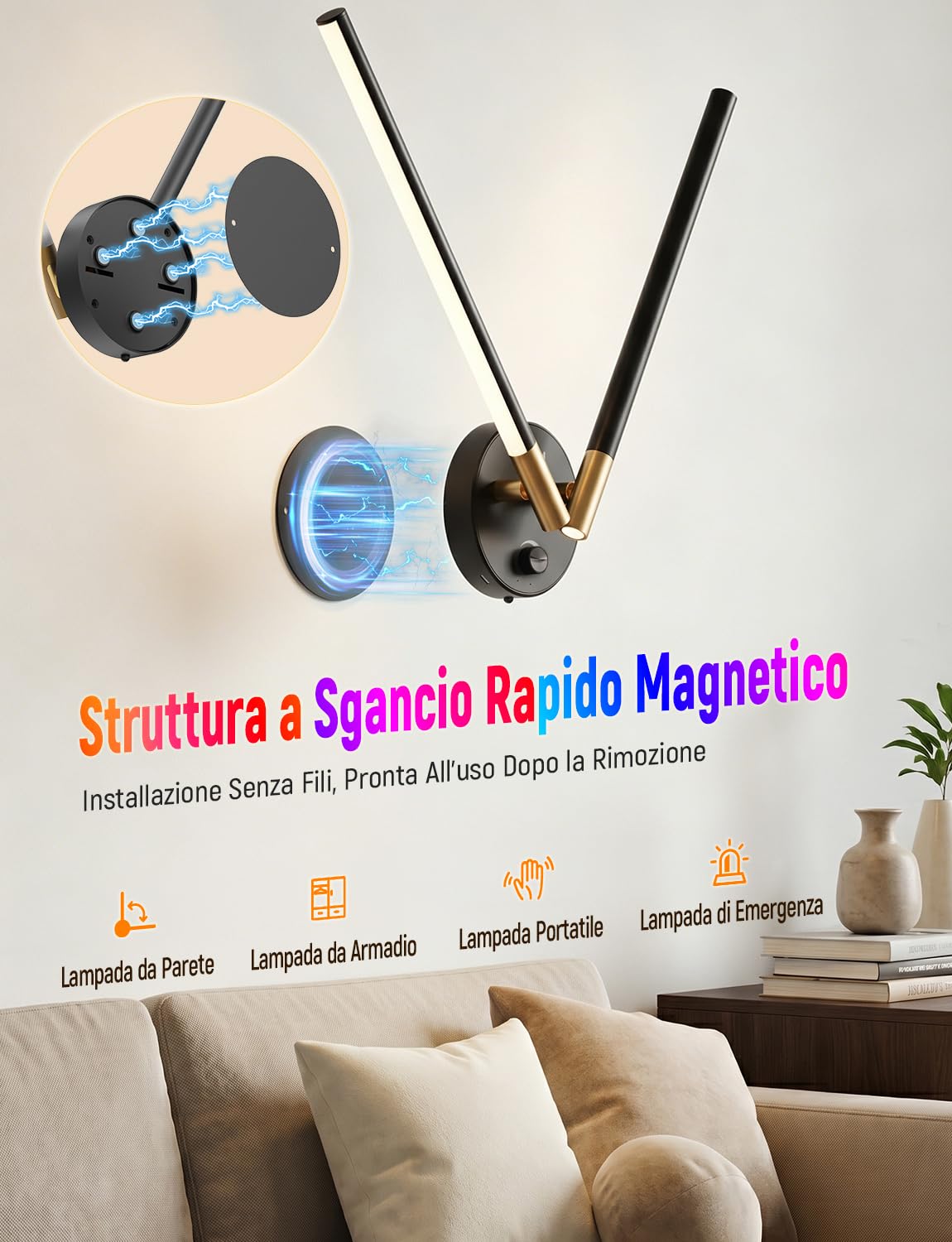 72cm Applique da Parete LED 10000mAh Ricaricabile Senza Fili, Set 2 | Lampade Parete Magnetica con Batteria 10000mAh, Modalità RGB, Doppia Rotazione, Timer, Luce Regolabile per Camera, Soggiorno