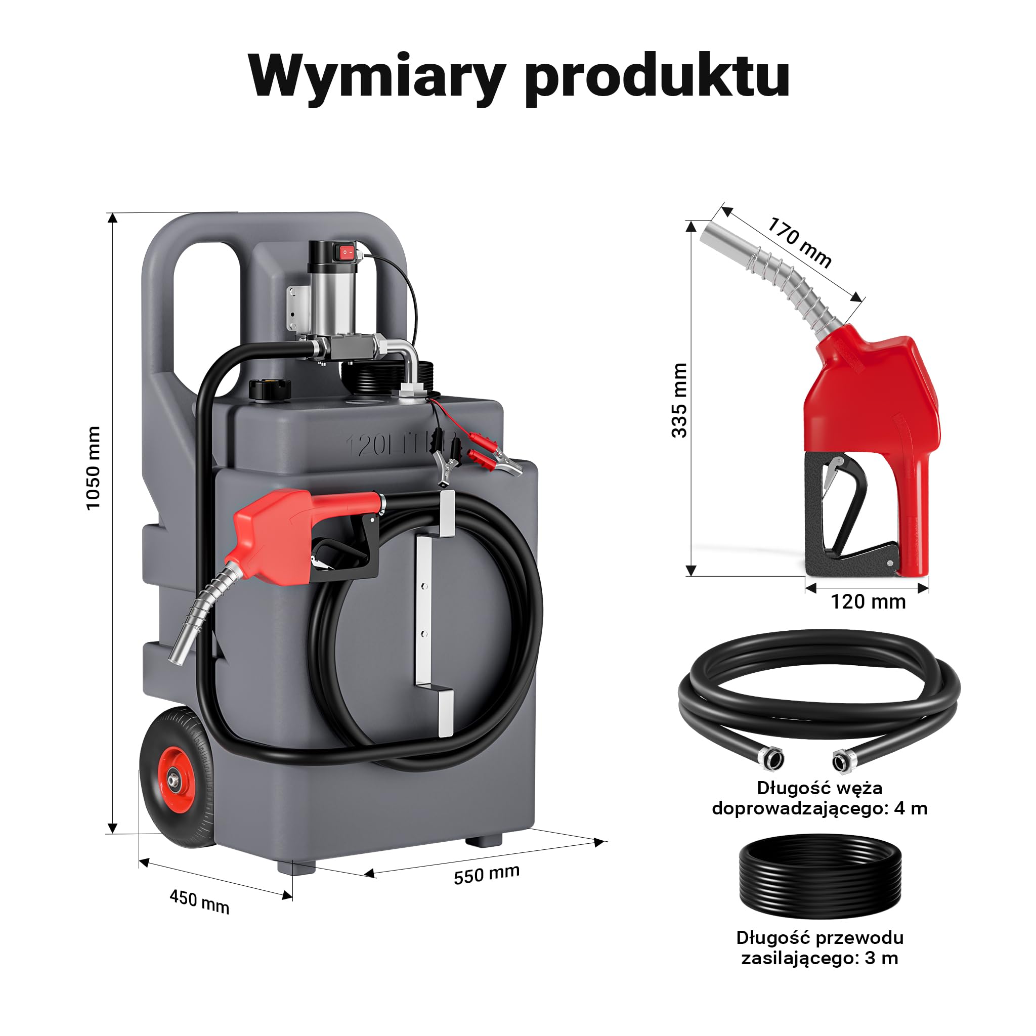 Wiltec Przenośny zbiornik paliwa 120 l z pompą do paliwa 40 l/min 12 V i pistoletem, mobilny zestaw na kołach na olej napędowy diesel