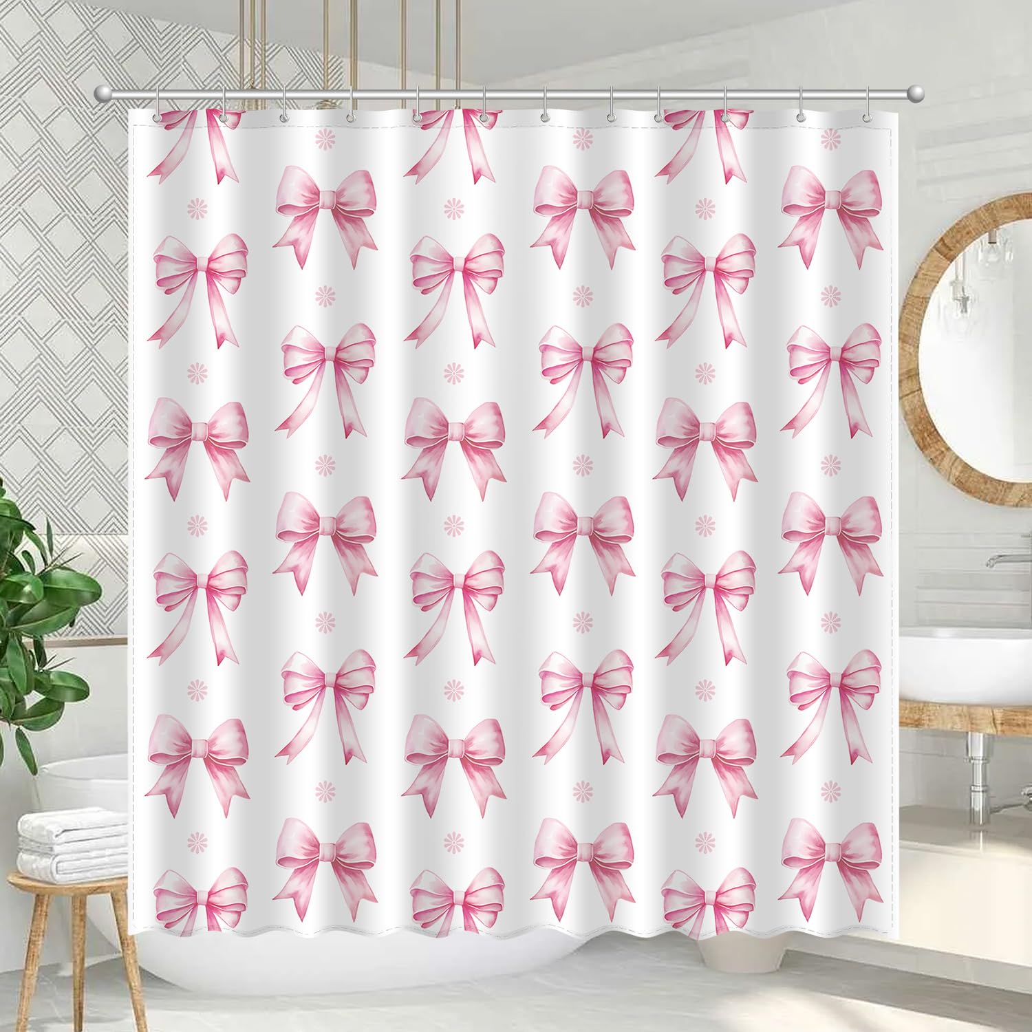 Light Pink Bow Shower Curtain Set, Cute Modern Girl Bathroom Aesthetic Polyester Cloth Fabric Bath Curtain Decor with Hooks 72x72 Inches