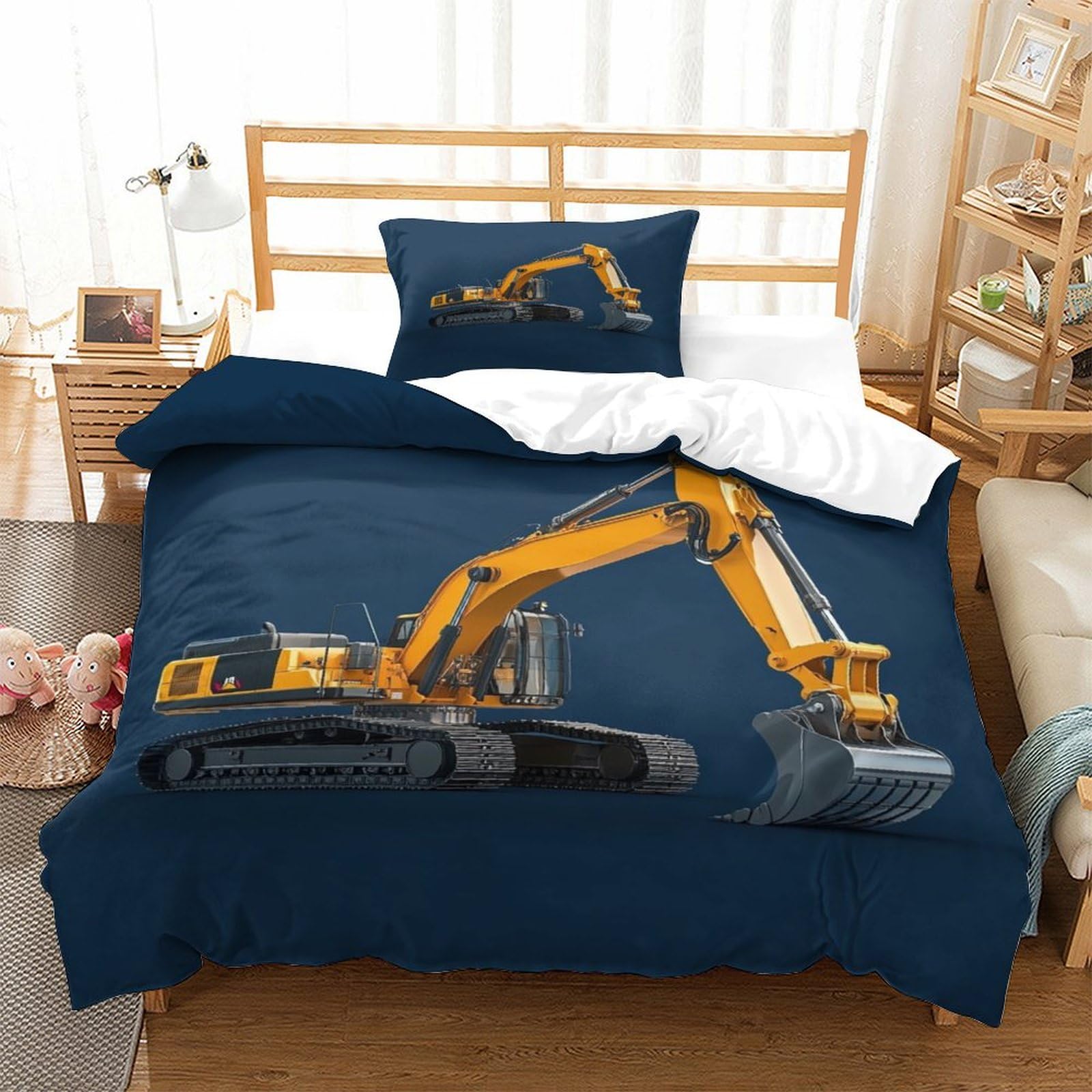 LILIlaobiao Breathable Excavators Design Duvet Cover Set with Hidden Zipper Diggers Quilt Cover Set with Pillowcases Bedding Set Soft Microfiber Comforter Cover Single（135x200cm）
