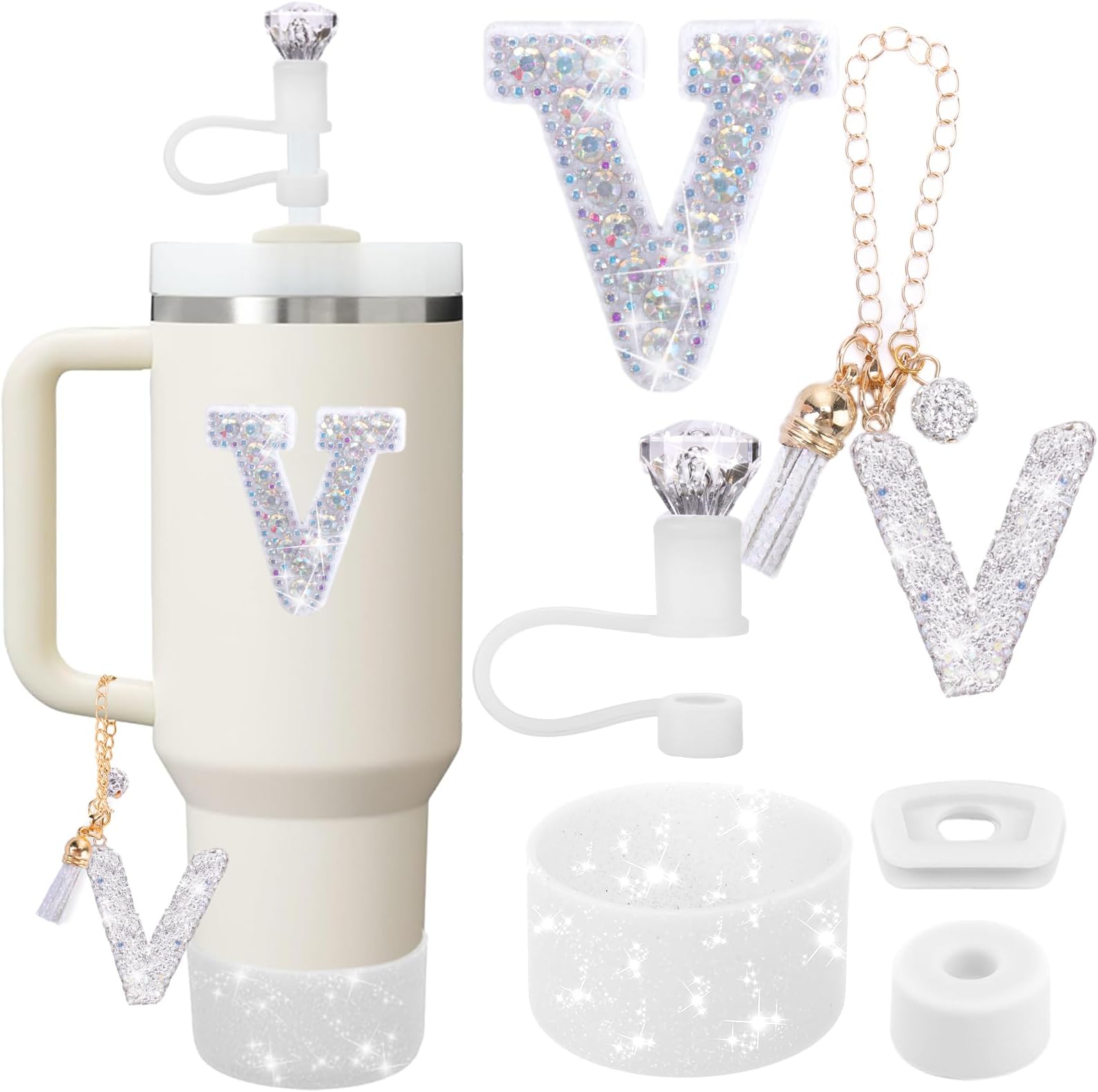 Mity rain Accessories Set for Stanley Cup, Initials Decorations for Tumbler Cup 30/40OZ, Including Diamond Straw Topper/Spill Proof Stopper/Sparkly Silicone Boot Set/Letter Charms for Handle A-Z (V)