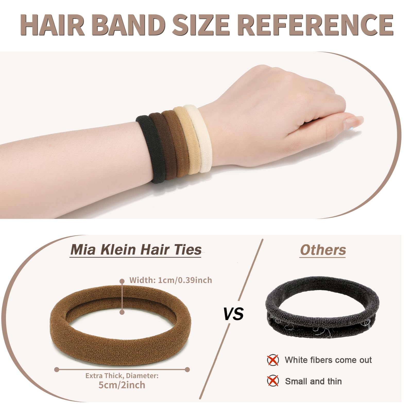 Mia Klein Haargummis, schwarz, 100 Stück, extra dick, 5 cm, elastische Haarbänder für dickes, schweres Haar, nahtloses Haarzubehör für Damen, Mädchen, Pferdeschwanz-Halter (neutrale Farbe)