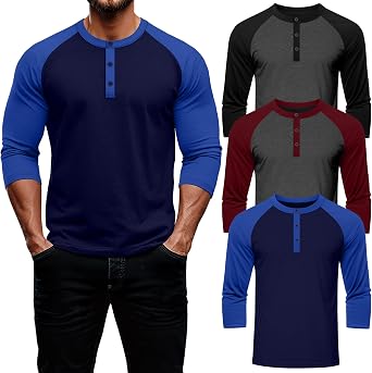 August Alley 3 Pack Men Baseball Tee Shirt 3/4 Sleeve Henley Top