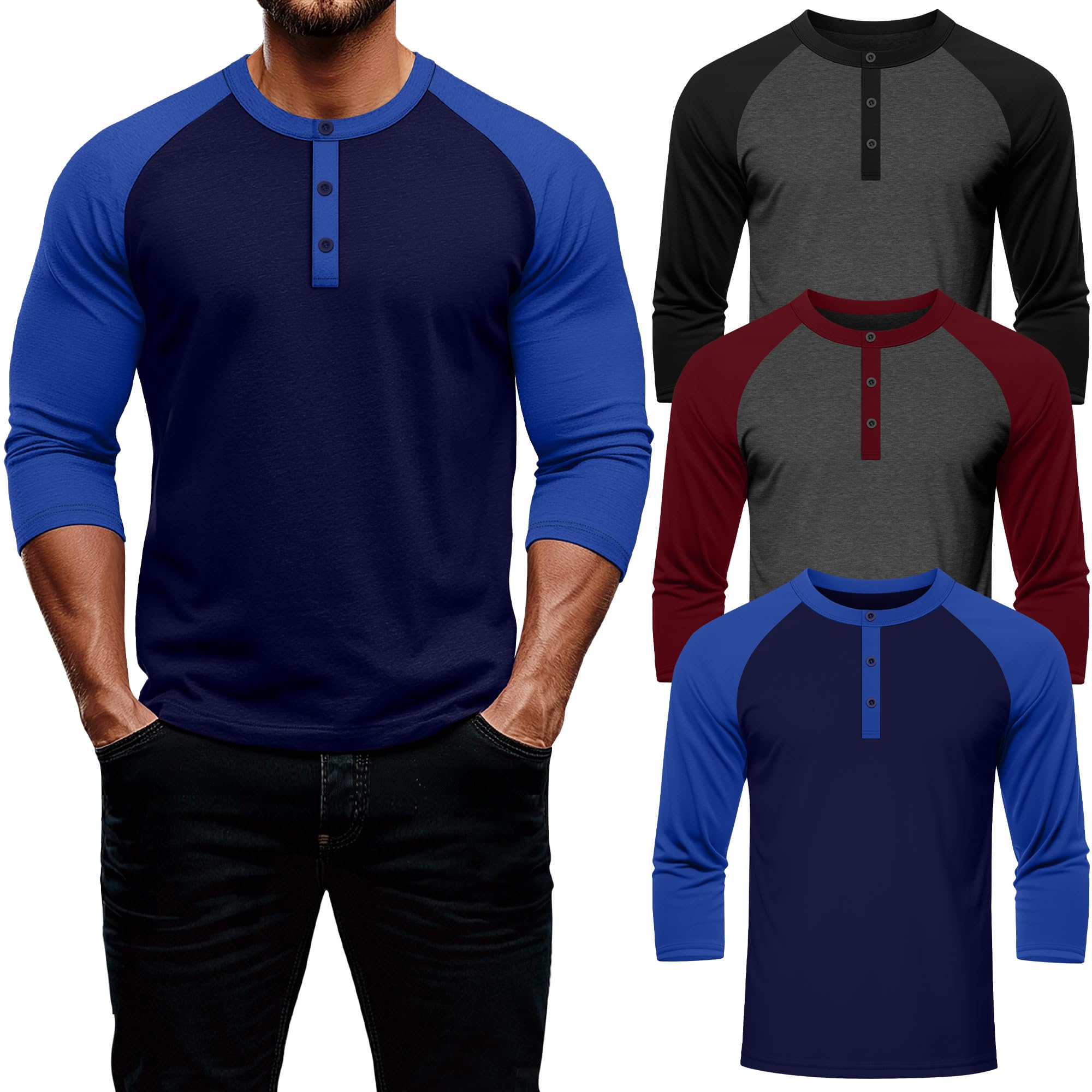 3 Pack Men Baseball Tee Shirt 3/4 Sleeve Henley Top