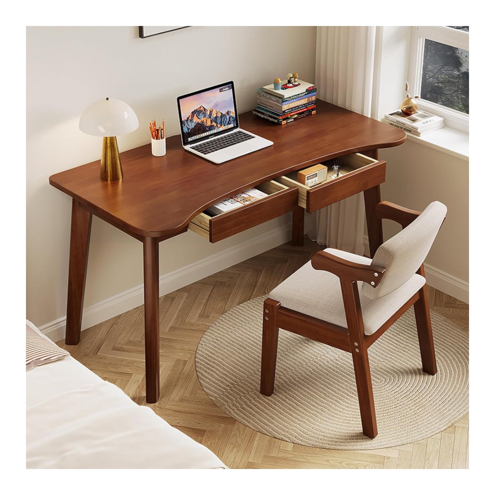 Wdsopk Walnut Computer Desk Home Office Desk Solid Oak Writing Desk - Home Office Desk With Storage Drawers,Bookshelf Workstation For Study Play Work Bedroom Home Office（-39 In）