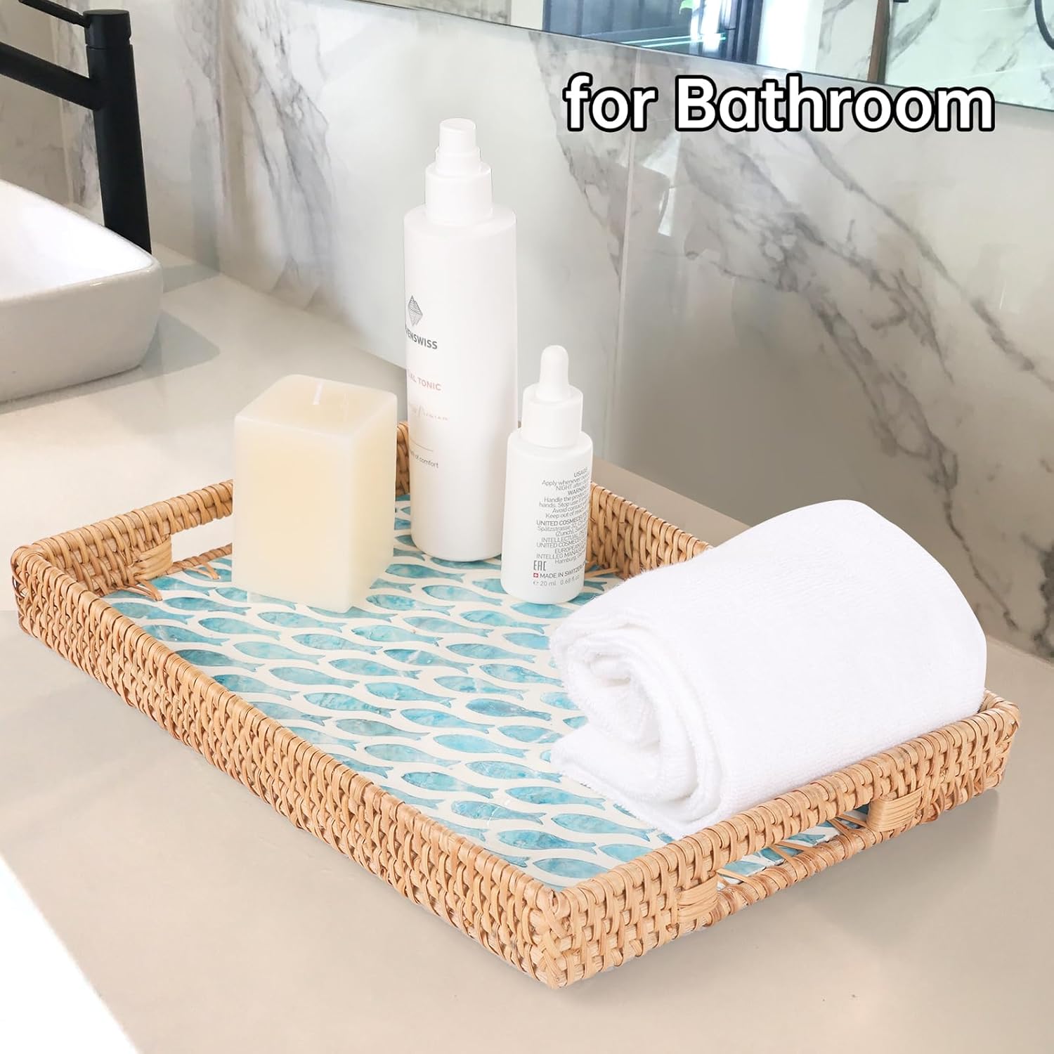 Rectangle Rattan Tray with Mother of Pearl Inlay, Rattan Serving Tray with Handle for Coffee, Bread, Fruits, Snacks, Decorative Wicker Tray for Table Decor (Rectangle Turquoise Fish, 13"×9") - Image 7