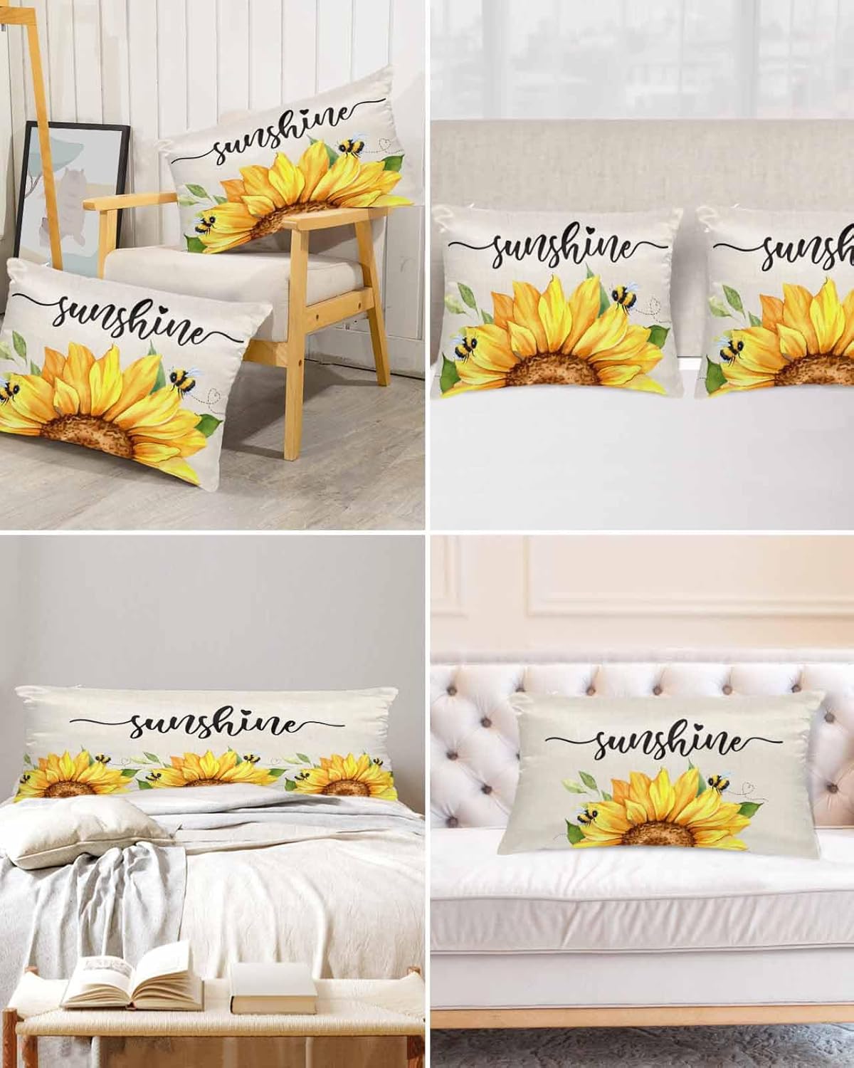Sunflower Bed Pillow Cover Body Decorative, Throw Pillow Cases Breathable Bedding Pillowcase,Super Soft Stain Pillow Sham Envelope Closure Sunshine Bee Spring Summer Watercolor 20"x54"