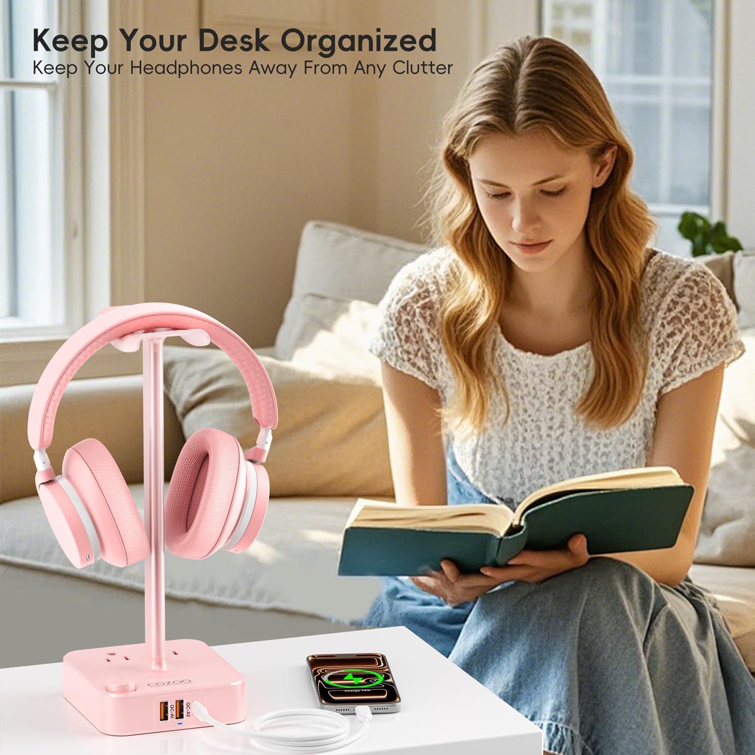 Pink Headphone Stand with USB Charger, Gaming Headset Holder with 3 USB Ports & 2 AC Outlets, PD Fast Charging & QC3.0, Desk Organizer for Girls, Gifts for Her,Girlfriend,Teen, Pink Gaming Accessories - Image 2