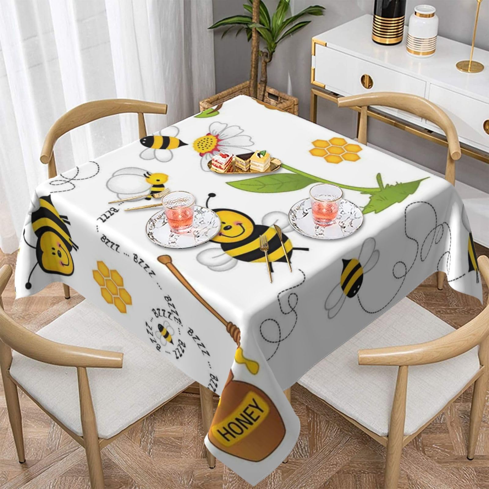 DCEHGEW Flying Bees Honey Prints Square Tablecloth 137x137 CM, Waterproof Fabric Table Cloth for Dining Table, Farmhouse Table Cover for Kitchen Dining Tabletop Decoration