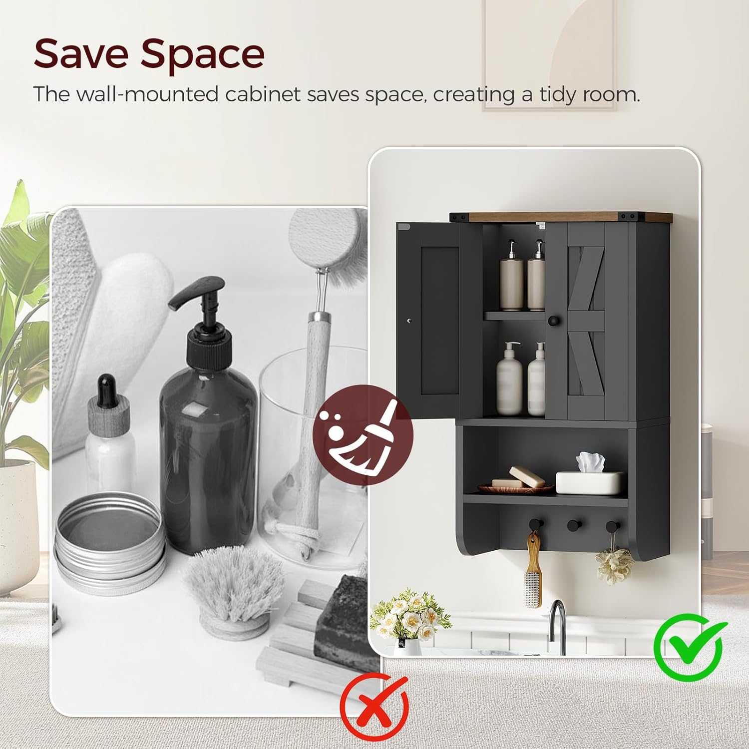 Bathroom Wall Cabinet, Farmhouse Medicine Cabinet with Adjustable Shelf, 3-Tier Wall-Mounted Storage Cabinet with 3 Hooks and Open Shelf, for Bathroom, Living Room, Kitchen, Black and Walnut