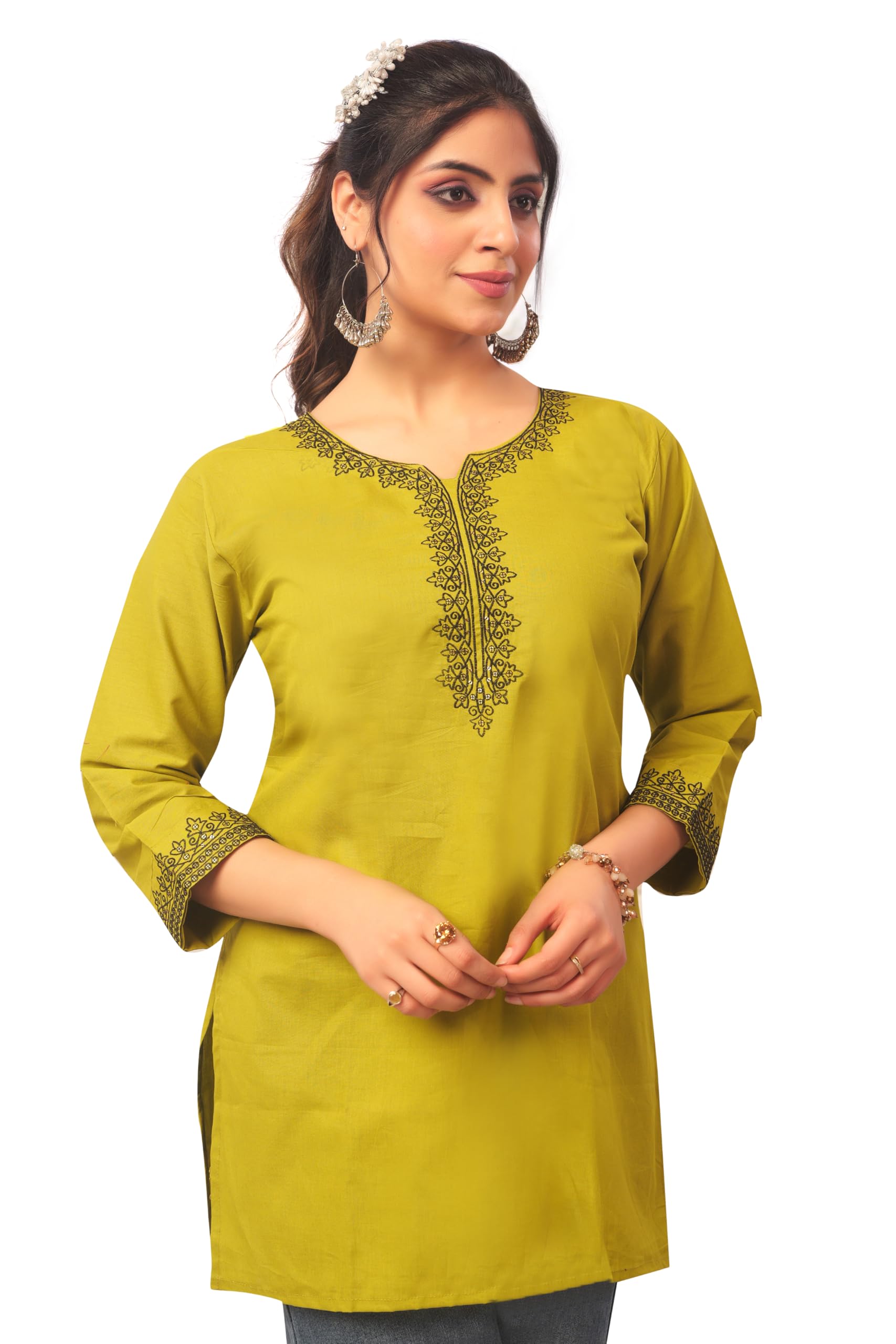 Levi's Womenâ€™s Pure Cotton Embroidered Tunic Top | Short Kurti | 3/4 Sleeve Ethnic Western Fusion | Regular Fit Casual Office Wear | Stylish Everyday Comfortable Top for Women in neutral