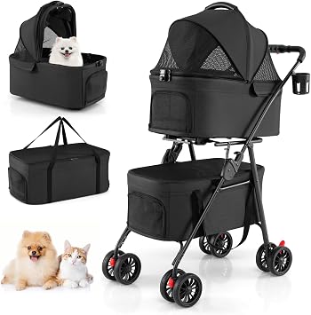 COSTWAY Double Pet Stroller, 4 Wheels Foldable Dog Pushchair Cat Buggy with 2 Detachable Carriers, Adjustable Canopy, Mesh Openings & Safety Leash, Lightweight Pet Pram for Small Dog Cat Black