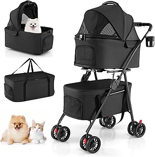 COSTWAY Carrito para Perros Plegable Doble 3 en 1, Cochecito para Perros con 2 Portadores Desmontables, Ruedas con Freno, Malla Transpirable, Portavasos, Carro para Mascotas hasta 15 kg (Negro)