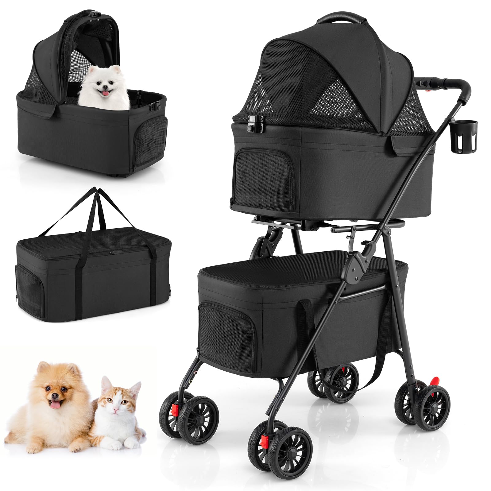 COSTWAY Double Pet Stroller, 4 Wheels Foldable Dog Pushchair Cat Buggy with 2 Detachable Carriers, Adjustable Canopy, Mesh Openings & Safety Leash, Lightweight Pet Pram for Small Dog Cat (Black)