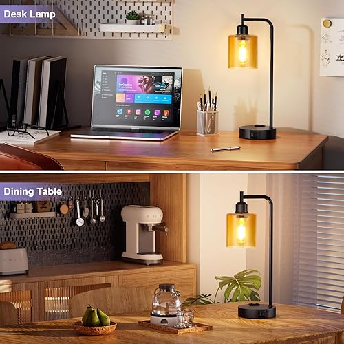 Miniatura 6 de Juego de 2 lámparas de mesa de noche industriales táctiles para dormitorio, lámparas de mesa regulables de 3 vías con puertos USB C+A y