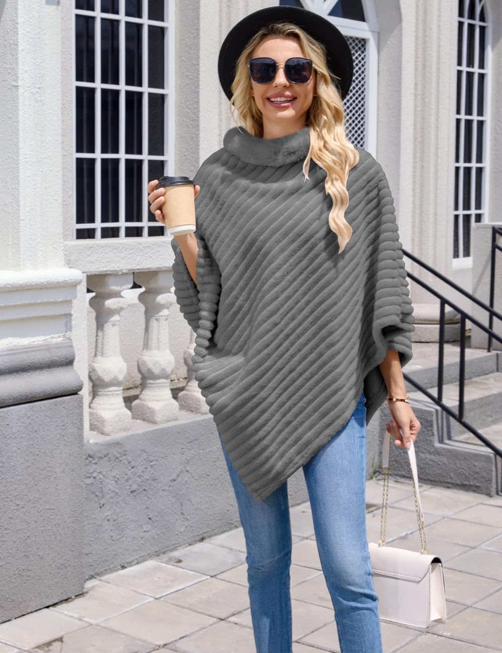 Ferand - Poncho Femme Douillet à Rayures en Fausse Fourrure, Pull Châle Doux pour l'hiver