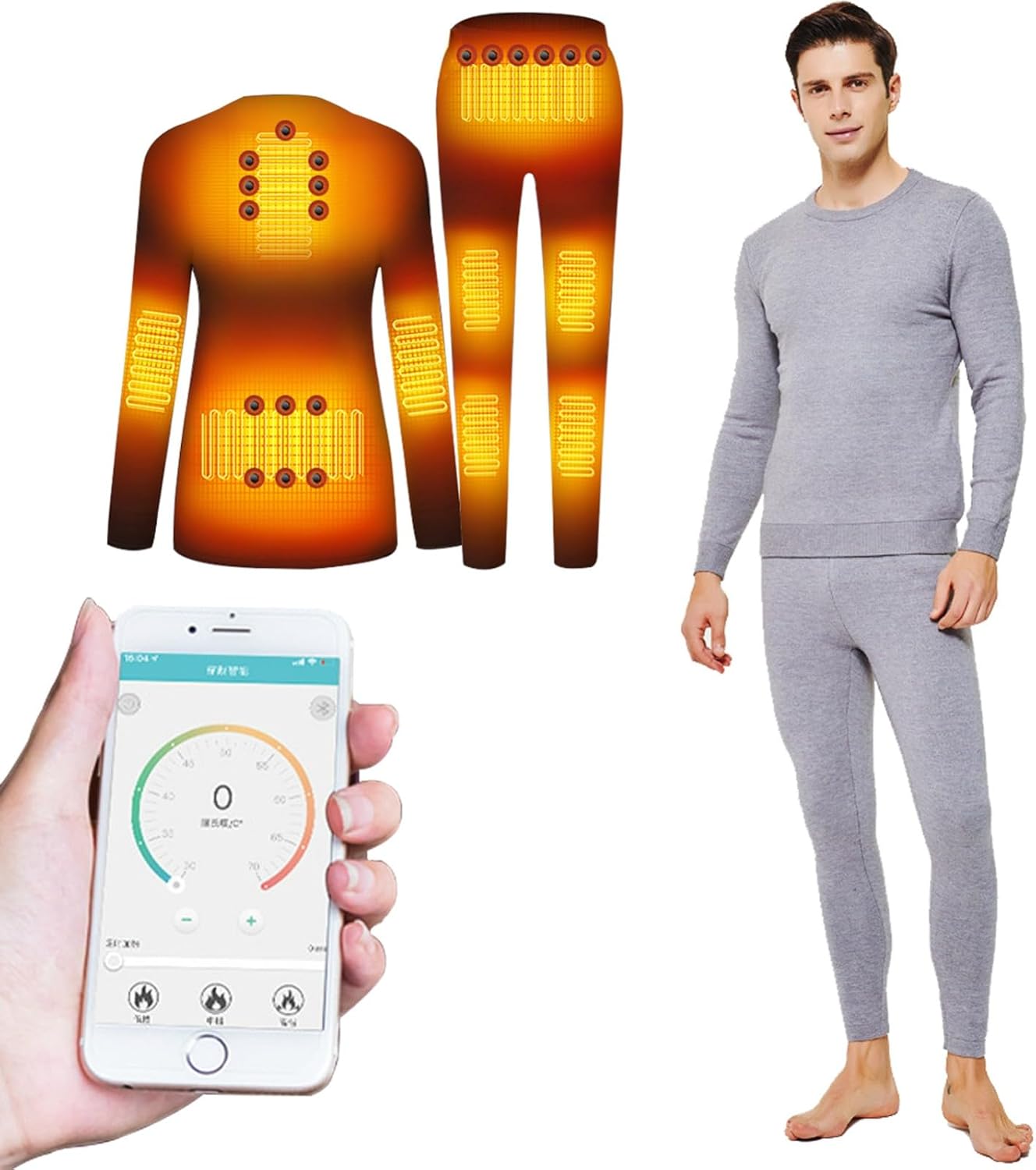 Men's Heated Thermal Underwear Grey, APP Temperature Control 10 Zones Heating Thermal Underwear Set Winter Heated Clothing