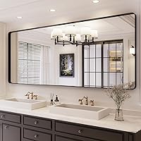 Vista 35 de ISKM Espejo con marco negro para pared de 20 x 16 pulgadas, espejo de tocador de baño antioxidante, vidrio templado, espejo rectangular redondeado