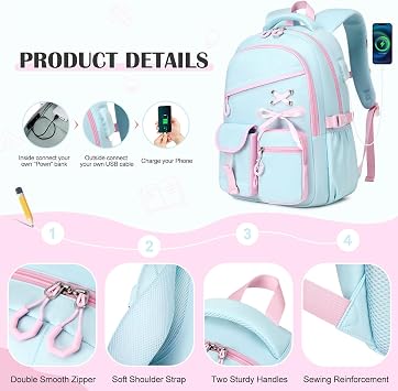 DIGOBAY Backpacks for Girls - 6PCS Girls Backpack with Bento Box, School Backpacks with Lunch Bag & Pencil Pouch for Teen Girl Kids Bookbag with Lunch Snack Container, Utensils Aquamarine-pink
