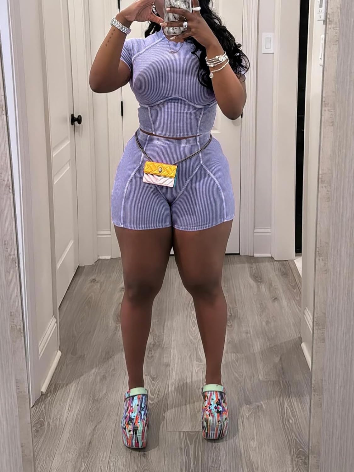 KANSOON Two Piece Sets for Women Summer Acid Wash Crop Top Matching Bodycon Biker Shorts Gym Outfits Purple XL - Image 3