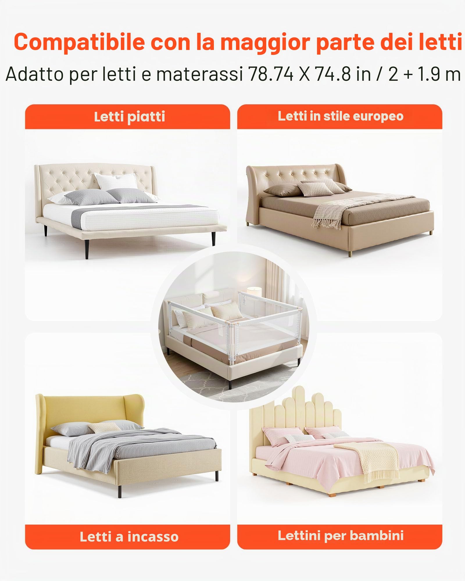 VEVOR Sponda 3 Lati per Letto per Bambini Lunghezza 2 m, Barriera per Lettino per Neonati con Tubo di Ferro Rinforzato, Tessuto Oxford, Altezza Regolabile, per Materassi di Spessore 5-27 cm