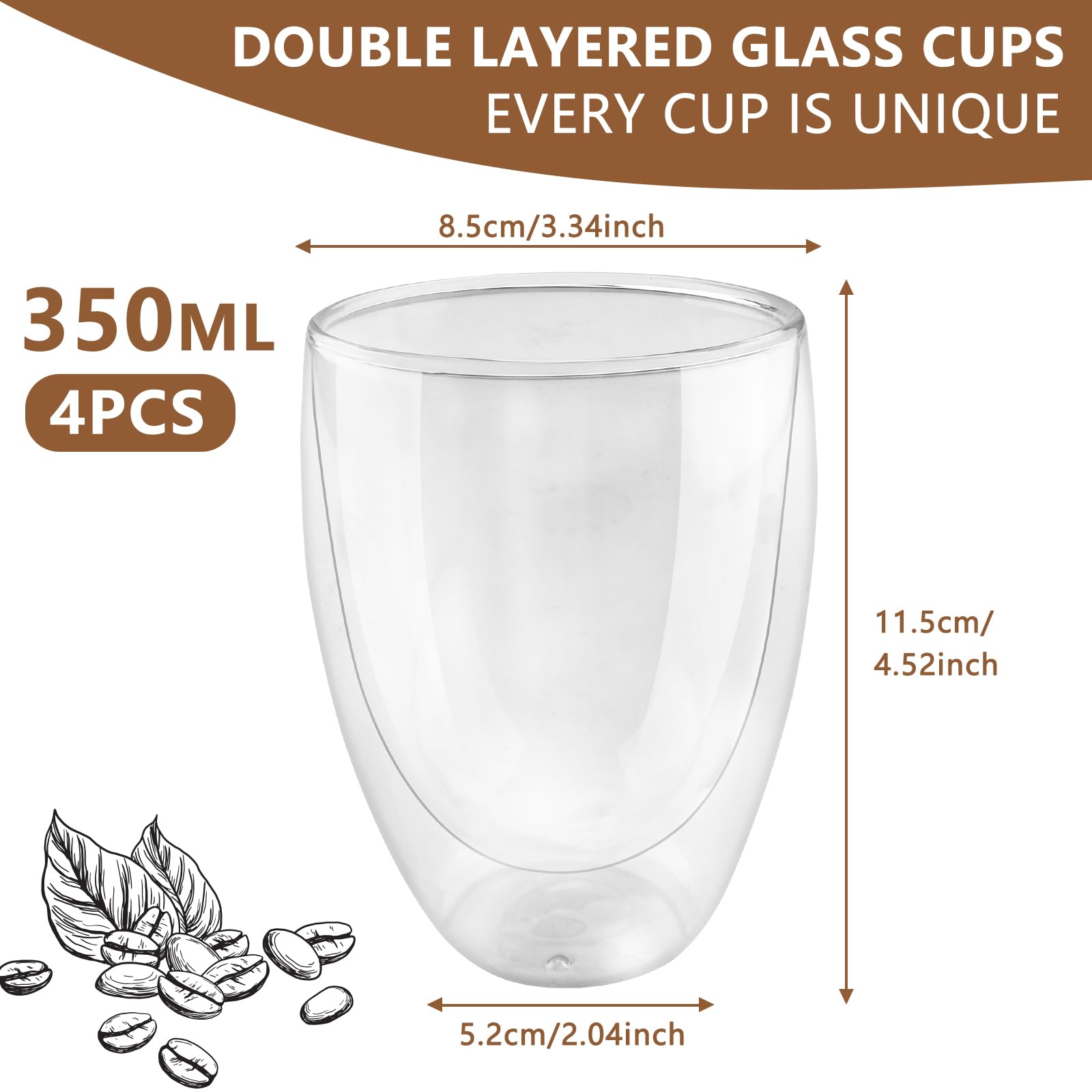 Tazas de Café de Cristal de Doble Pared, 4 Piezas 350 ML Vasos Transparentes para Latte Macchiato Café Helado Leche Jugo Té Espresso