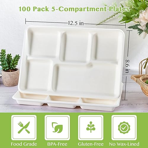 Miniatura 2 de ECOLipak Platos 100  compostables de 5 compartimentos paquete de 100 platos de papel desechables para compartimentos de 125 x 86 pulgadas platos