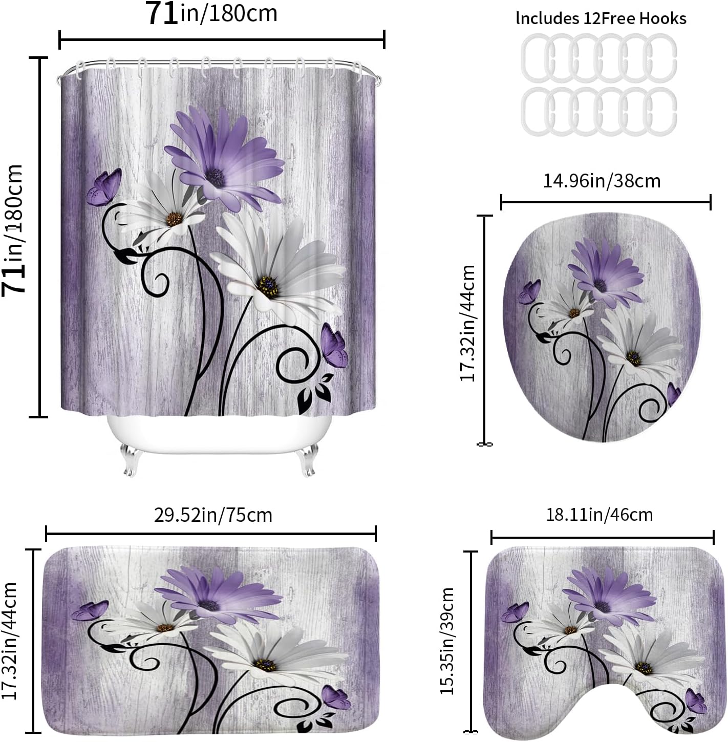 Onalasyc 4PCS Purple Daisy Flowers Plants Shower Curtain Set,Shower Curtain and Carpet and Accessories,Waterproof Bathroom Shower Curtain Decorative Set, with 12 pcs Hooks,71 x 71in