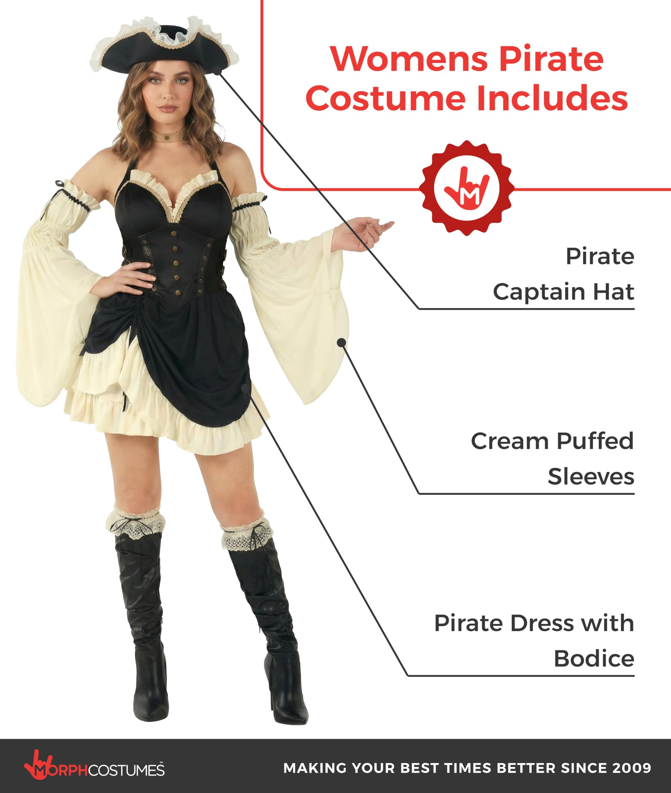 Morph Piratenkostüm für Damen, Piratenkleid, Perfekt für Halloween und Fasching, Spaßiges Verkleidungsoutfit