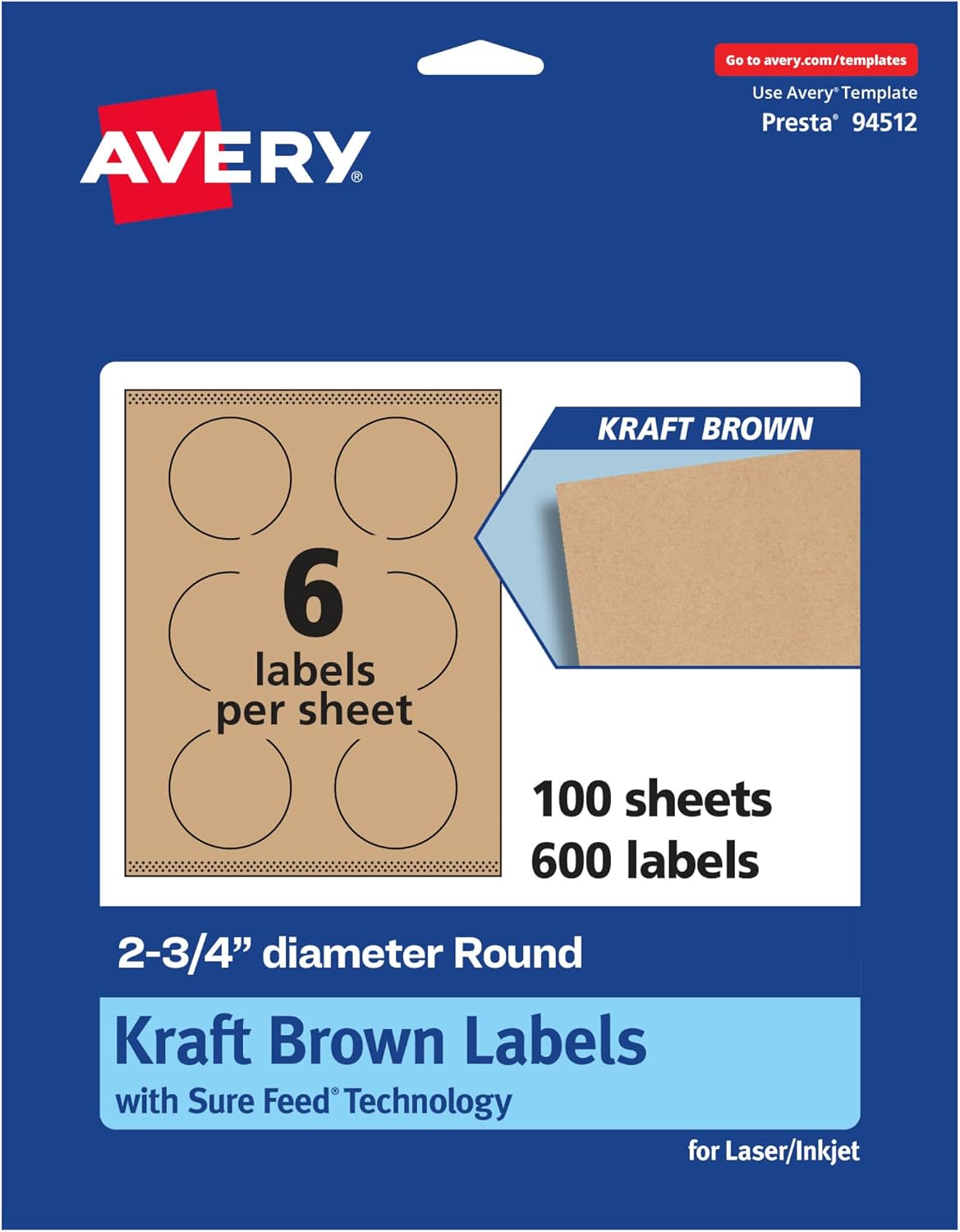 Avery Kraft Brown Round Labels, Sure Feed Technology, 2.75" Diameter, 600 Kraft Brown Labels, Print-to-The-Edge, Laser/Inkjet Printable